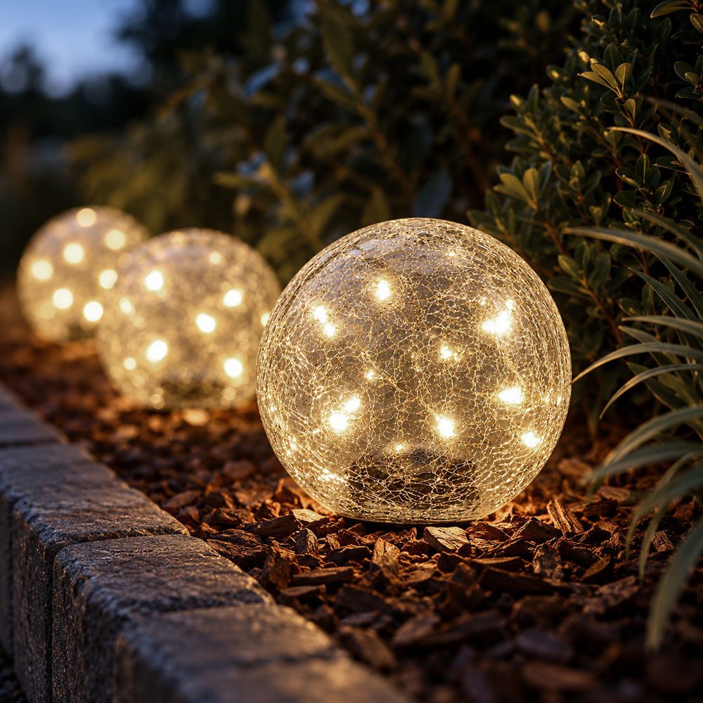 etc-shop LED Solarleuchte, LED-Leuchtmittel fest verbaut, Warmweiß, 3x LED Solarlampe Steckleuchte Glas Kugel Crackle Erdspieß D 15 cm