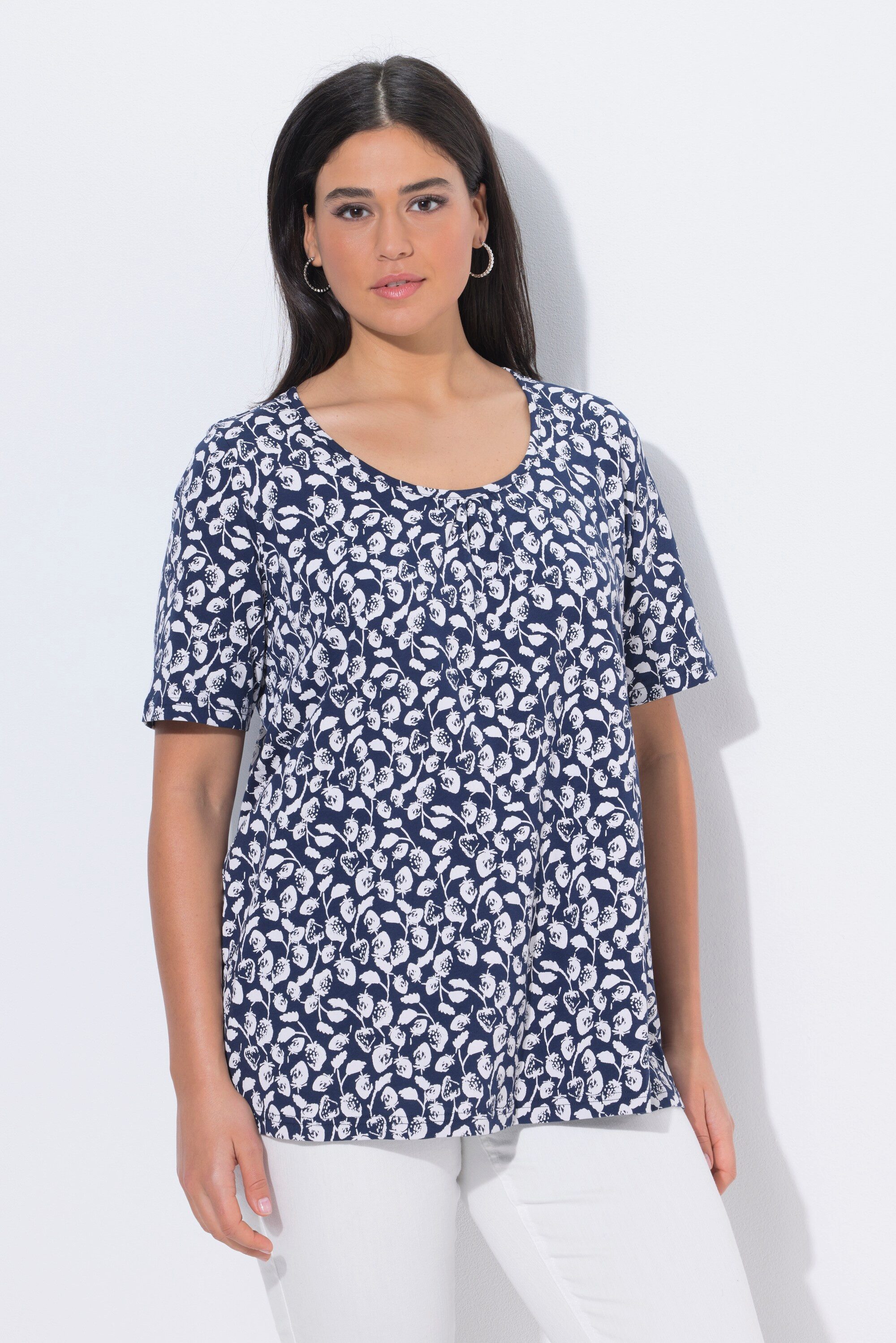Ulla Popken T-Shirt T-Shirt Erdbeeren Zierfalten A-Linie Rundhals günstig online kaufen