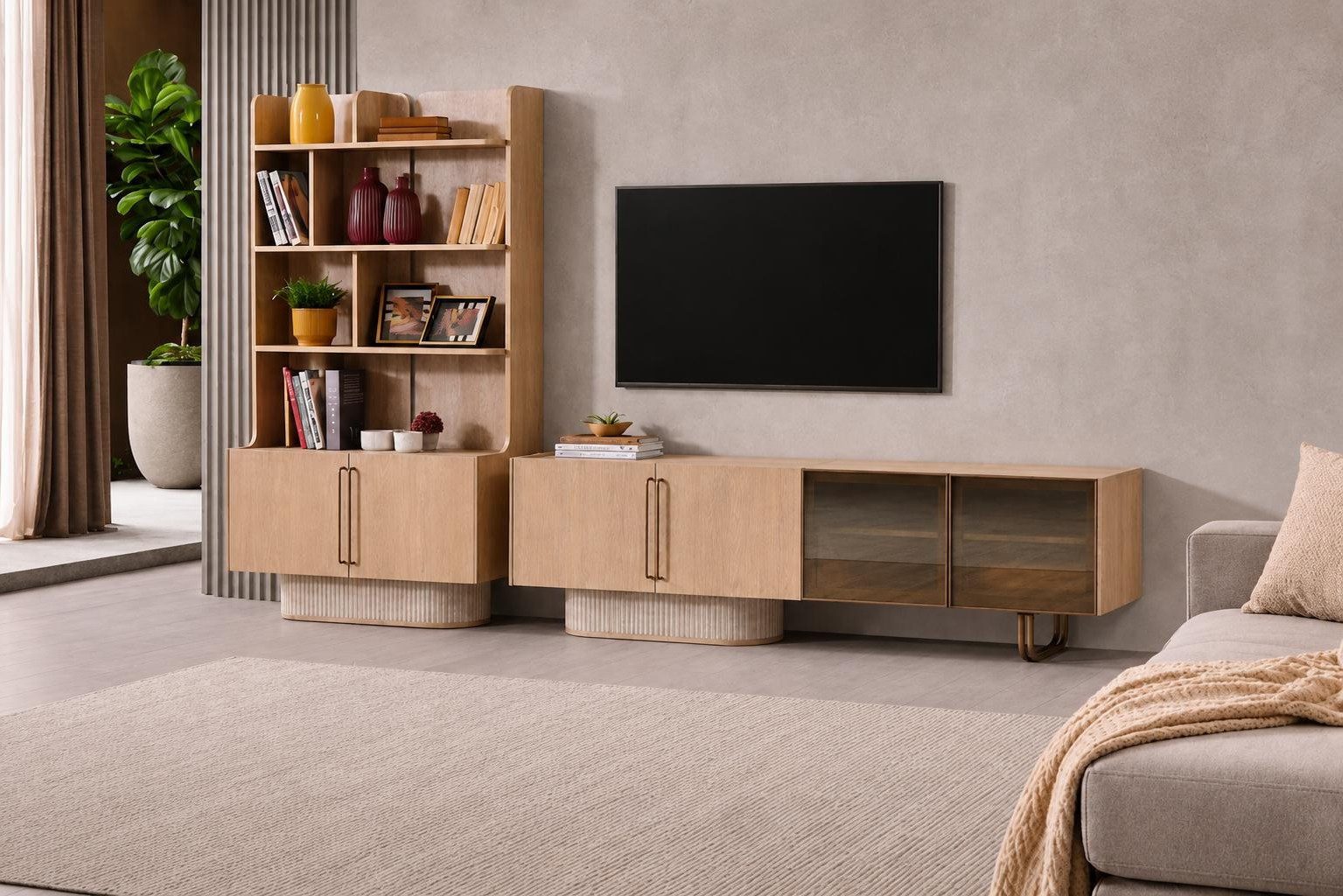 Wohnwand Beiges Wohnzimmer Set mit TV-Lowboard und elegantem Bücherregal