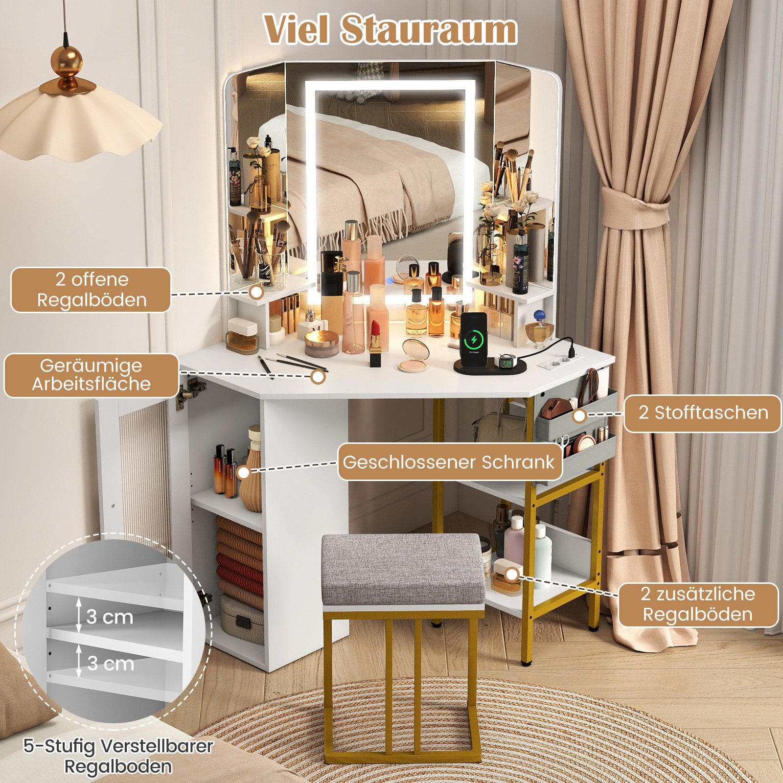 COSTWAY Schminktisch (1-St), Eck-Frisiertisch Set, LED Kosmetiktisch mit Hocker