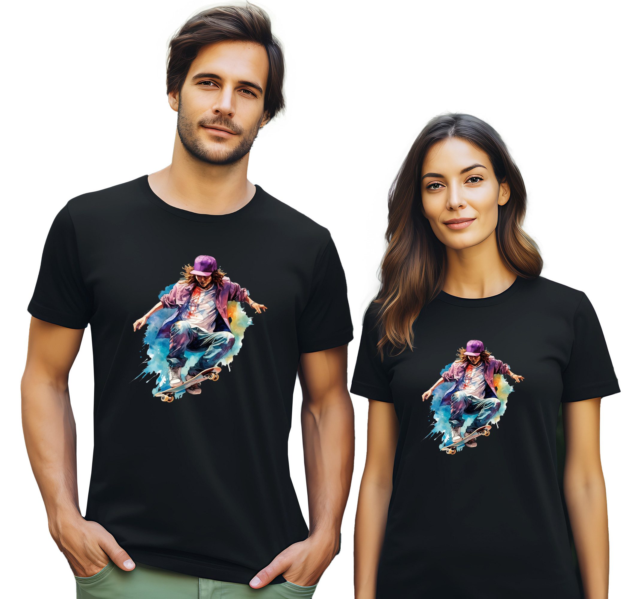 MyDesign24 T-Shirt Skater print Shirt Ölfarben Design Skater T-Shirt schwarz kurzarm Regular Fit i555