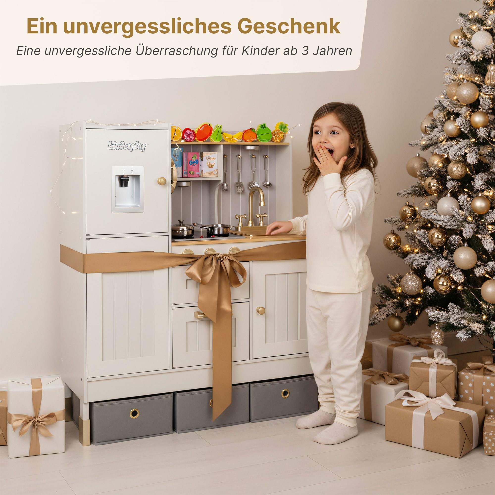 Green Series Spielküche Kinder Holzspielküche – LED & Sound – Verstellbare Höhe – Zubehör Holz, aus Holz