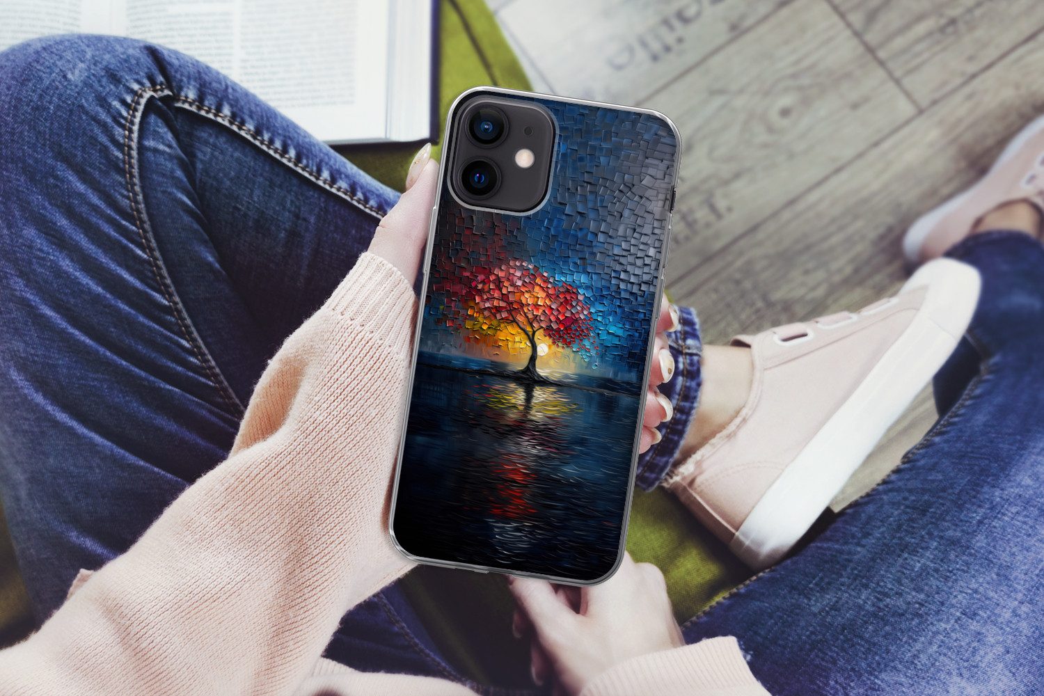 MuchoWow Handyhülle für Apple iPhone 12 Baum - Blau - Blätter - Boxen, Smartphone-Bumper, Print, Handy Schutzhülle Dünn