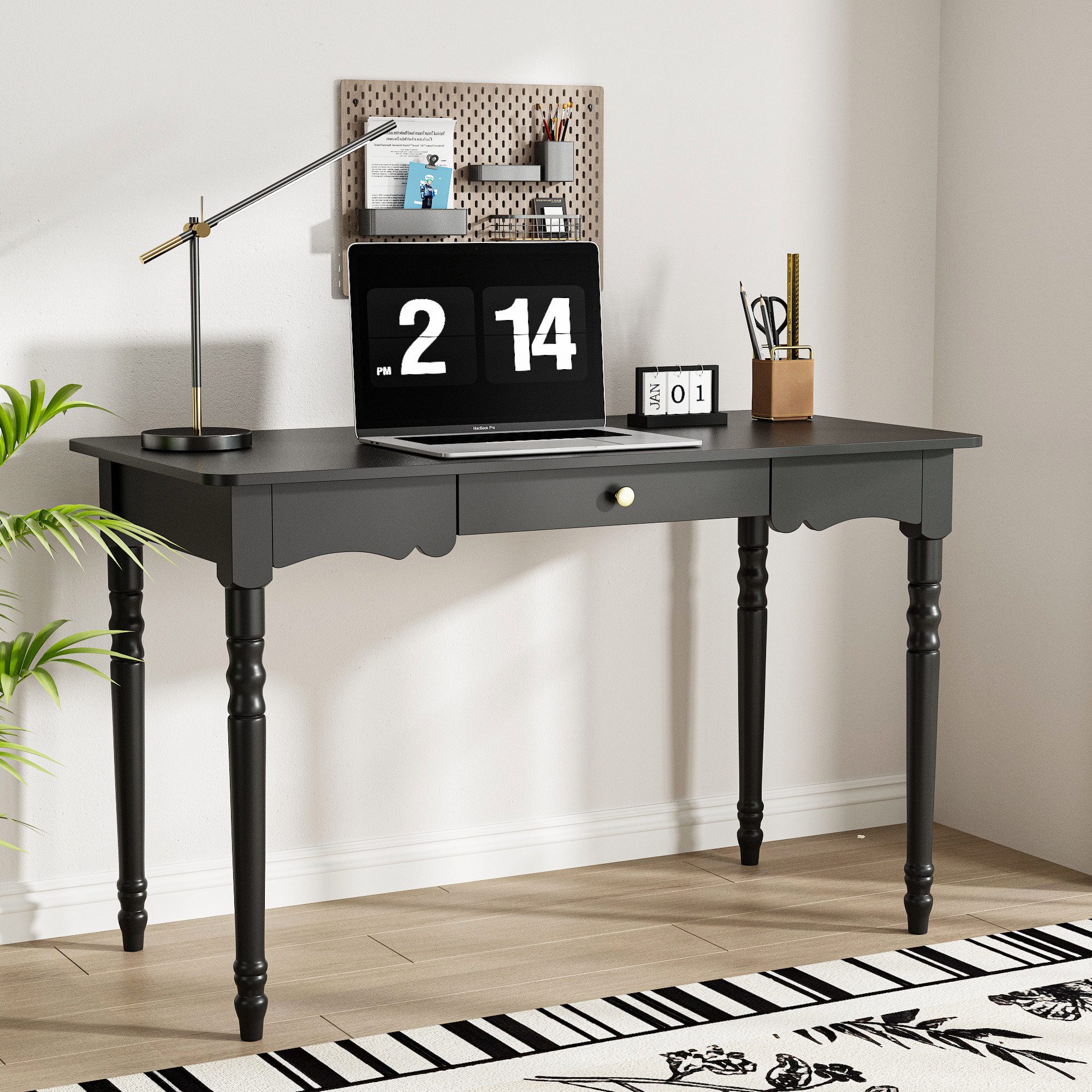 FUFU&GAGA Schreibtisch Schwarz 116 cm Computertisch Skandi, Massivholzbeine