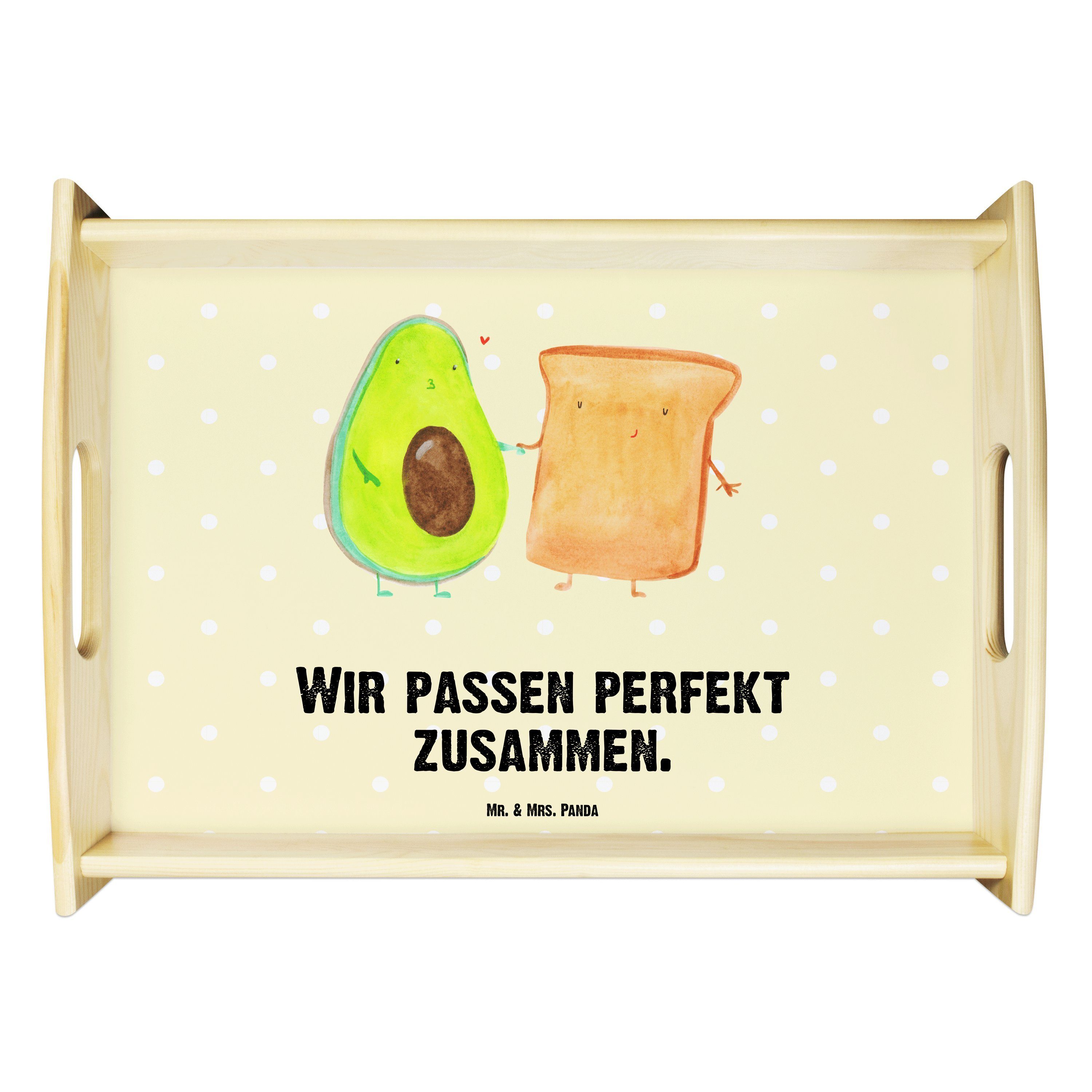 Mr. & Mrs. Panda Tablett Avocado + Toast - Gelb Pastell - Geschenk, Vegan, Holztablett, Liebes, Echtholz lasiert, (1-tlg)