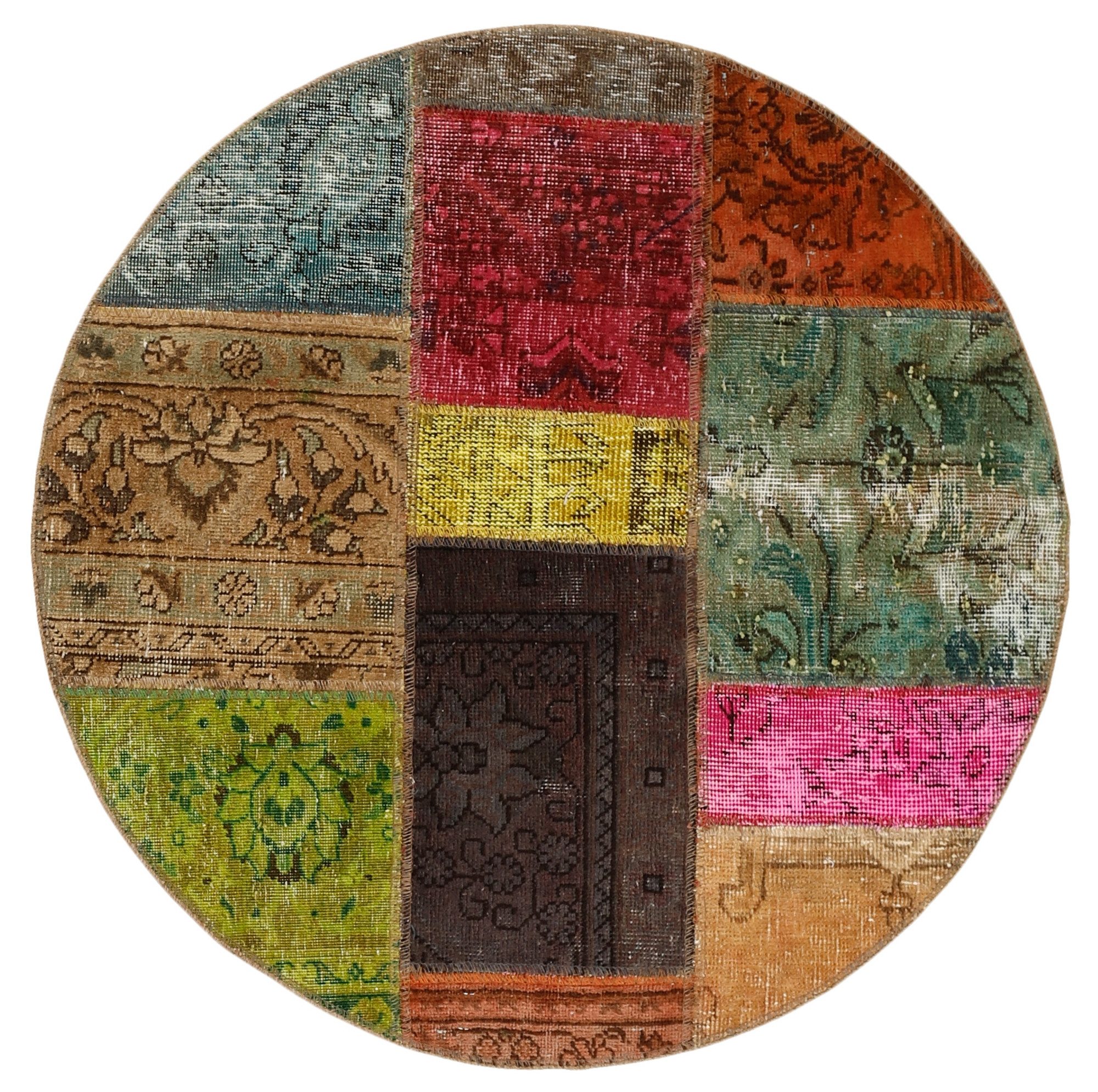 Wohnando Teppich MY-RUG Vintage Patch Work Floral & Ornamentiert 100x100cm, Rund, Höhe: 10 mm, Handgeknüpfter Teppich,Handgesponnene Wolle, mit Naturfarben gegärbt