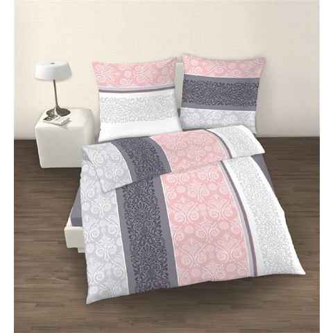 Bettwäsche Biber Bettwäsche rosa quarz grau Ornamente, soma, Baumolle, 4 teilig, Bettbezug Kopfkissenbezug Set kuschelig weich hochwertig