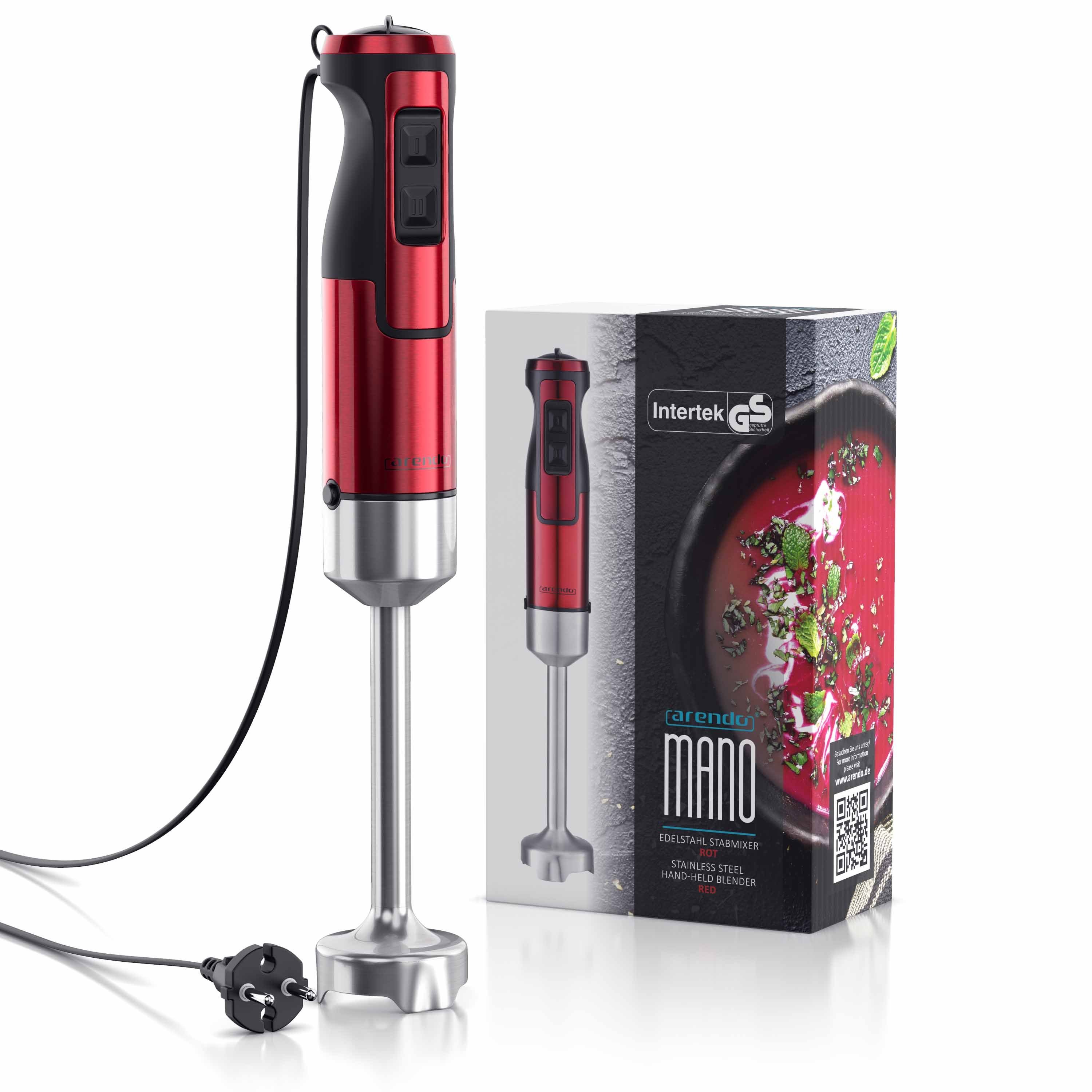 Arendo Stabmixer Edelstahl Pürierstab, Handmixer, stufenlose Regelung, rot, 1000 W, Turbotaste, Abnehmbarer Mixfuß, GS-Zertifiziert