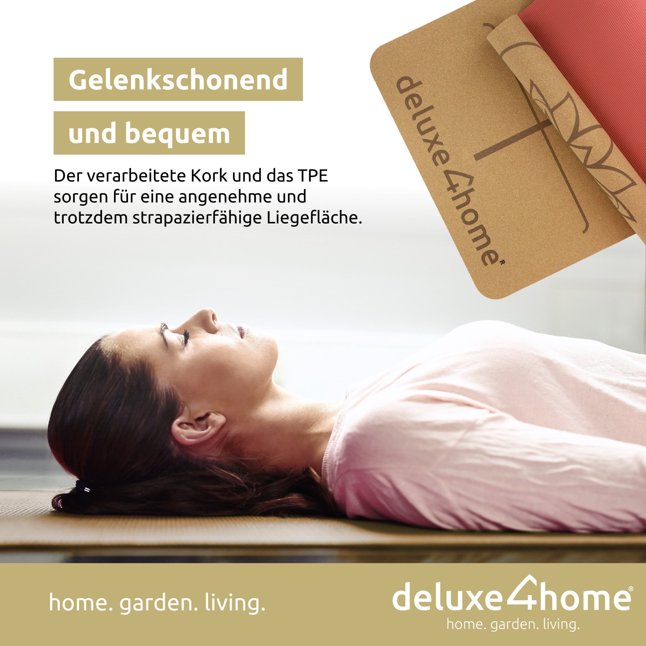 deluxe4home Yogamatte Gymnastikmatte Kork mit Ausrichtungslinien I Turnmatte Fitness Matte, inkl. Tragegurt
