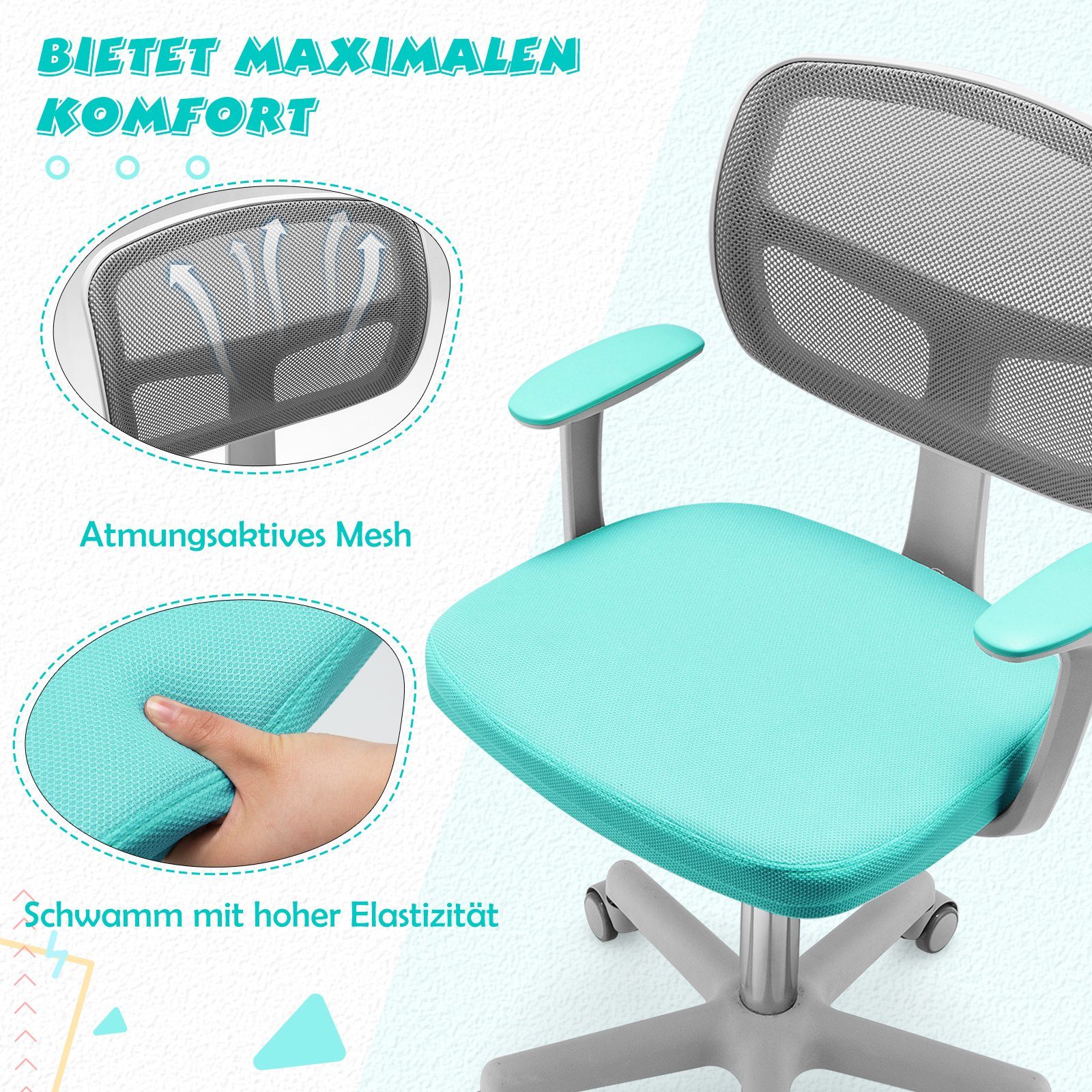 COSTWAY Schreibtischstuhl Kinder, Drehstuhl höhenverstellbar, von 3-10 Jahre