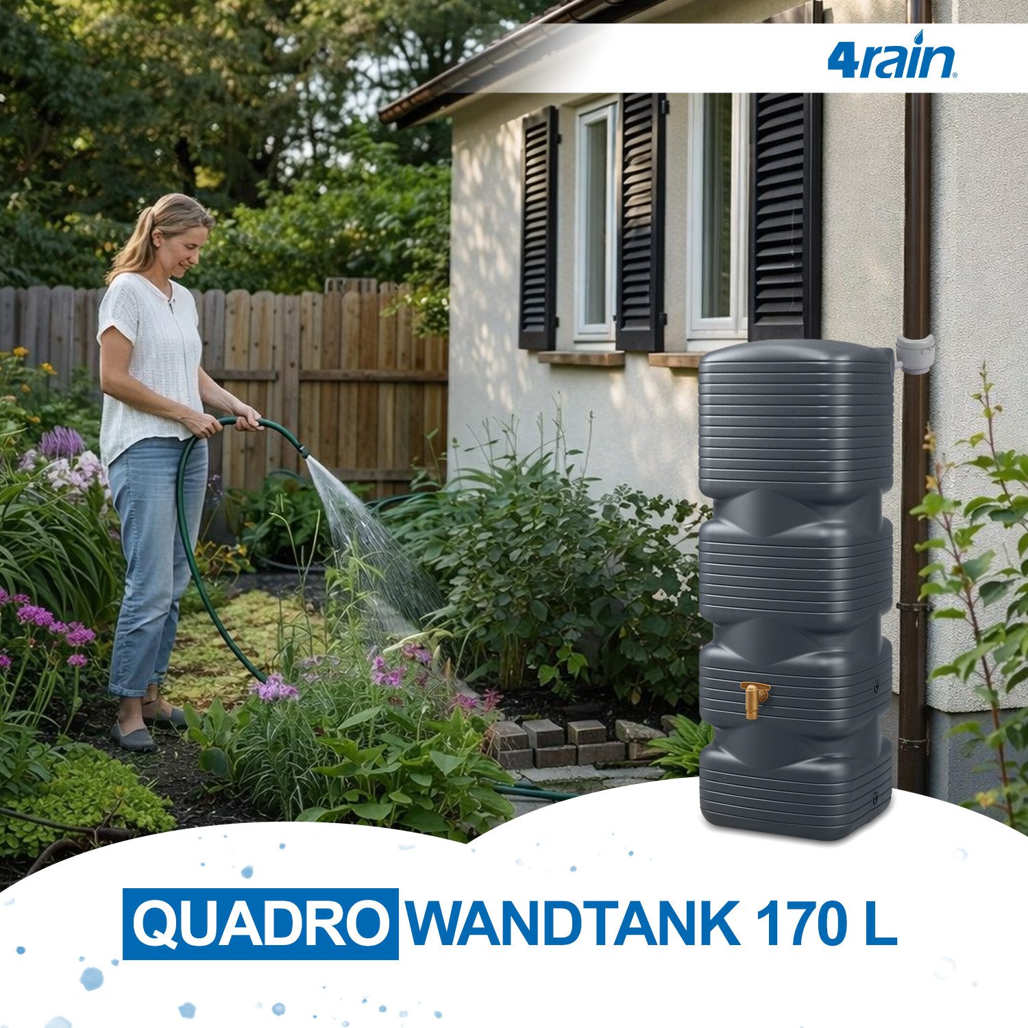 4rain Regentonne QUADRO Wandtank 170 Liter graphite grey, 170 l