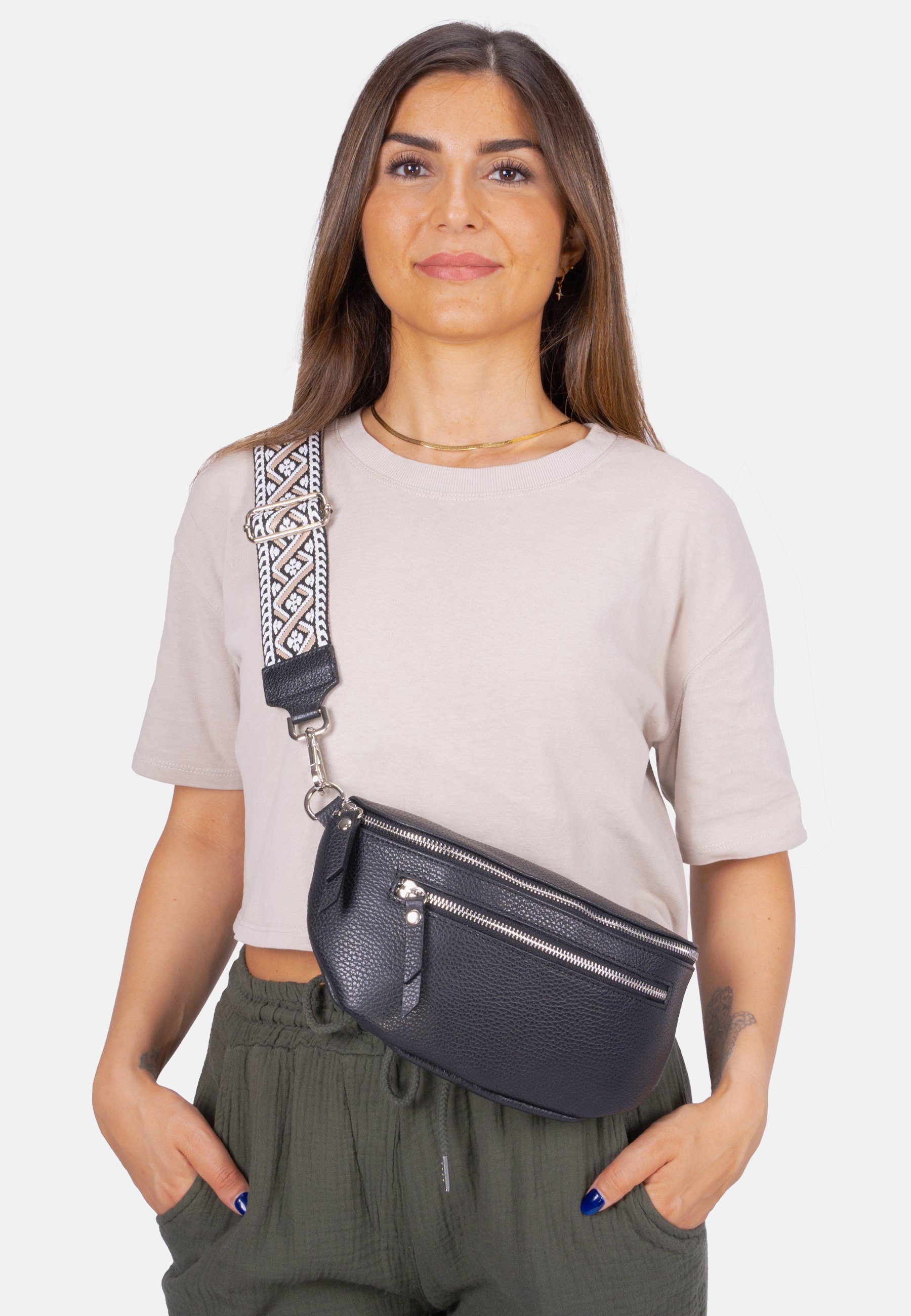 Seasons of April Umhängetasche Crossbody Bag Pia, Mittelgroße Umhängetasche aus 100% Leder mit breitem Gurt und 2 Zipper Schwarz 2