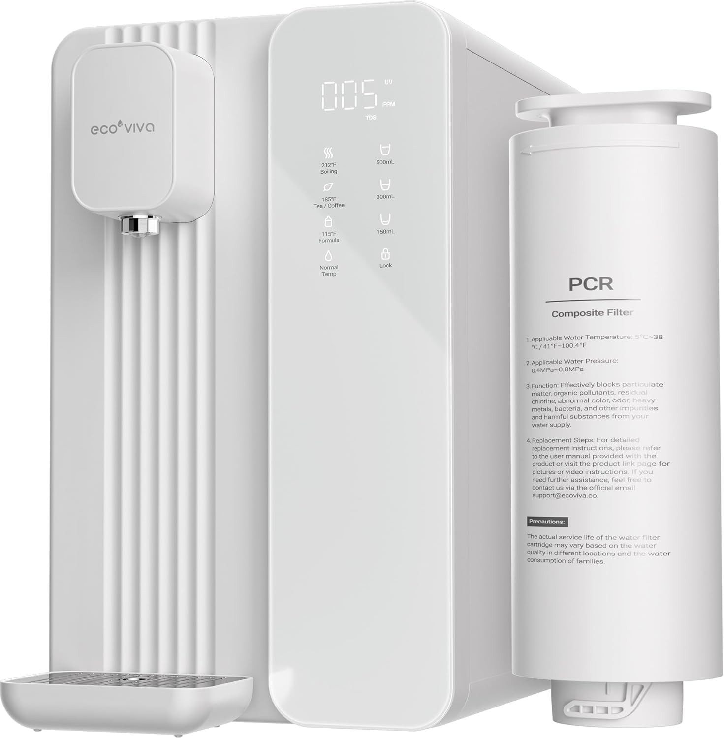 Ecoviva Wasserfilter MATE4 UV tragbarer Umkehrosmoseanlage Wasserreiniger, Zubehör für 45°C - 100°C Trinkwasser Osmoseanlage, 7-stufige Umkehrosmose Filter, 3:1 Rein zu Abfluss, TDS & Filterlebensdauer-Monitor