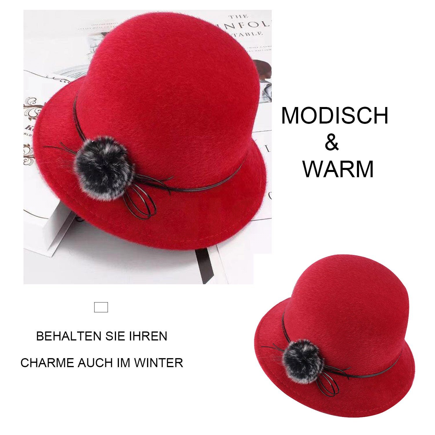 Fedora Wintermütze Mütze Hut,Eleganter Für MAGICSHE Klassisch Frauen Wollfilz Weinrot Filzhut