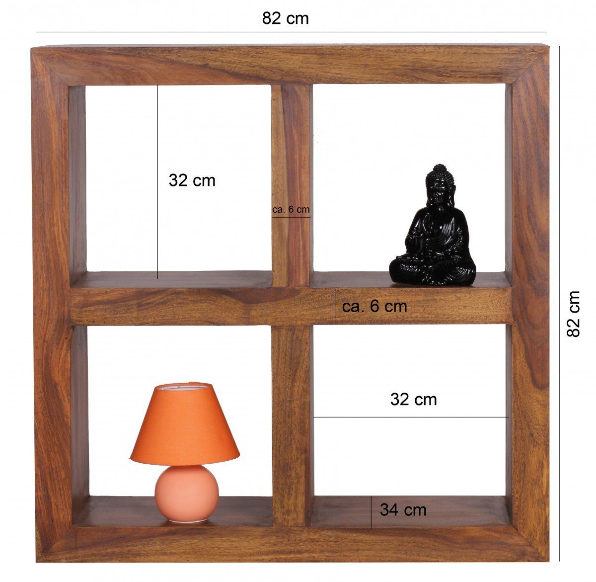 WL1.209, mit Bücherregal Wohnzimmerregal Fächern, 4 cm Wohnling Quadratisch Massivholz Standregal 82x82x34 Echtholz, Sheesham