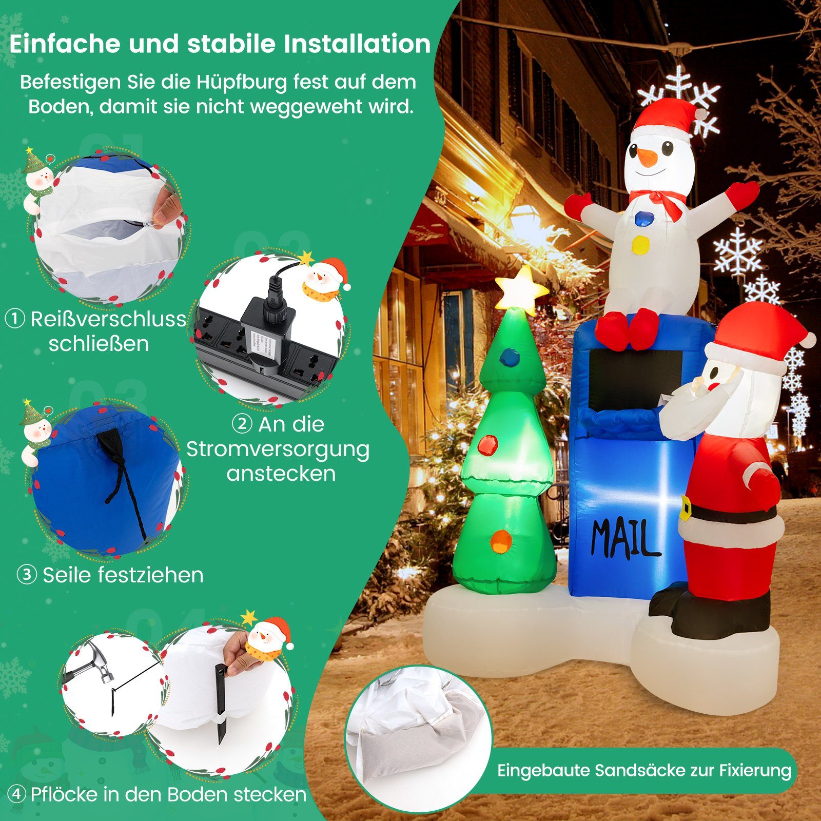 mit cm Weihnachtsmann, LED-Lichtern, aufblasbar, integrierten COSTWAY 185