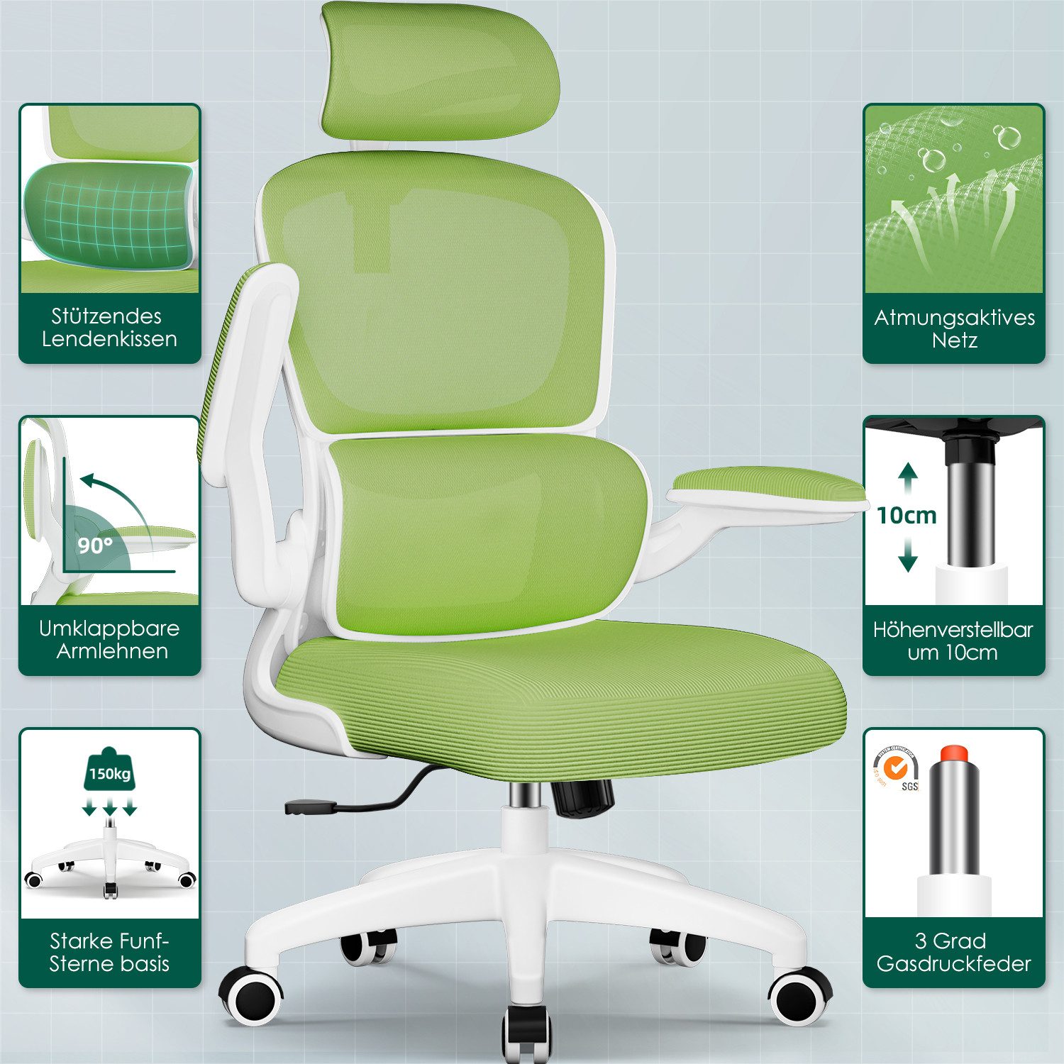 Fukstern Bürostuhl Ergonomischer Bürostuhl mit 90° klappbaren Armlehnen (Verstellbare Kopfstütze, atmungsaktiver Mesh-Bezug, Rücken- und Taillenstütze, Neigung  – Bild 4 von 5