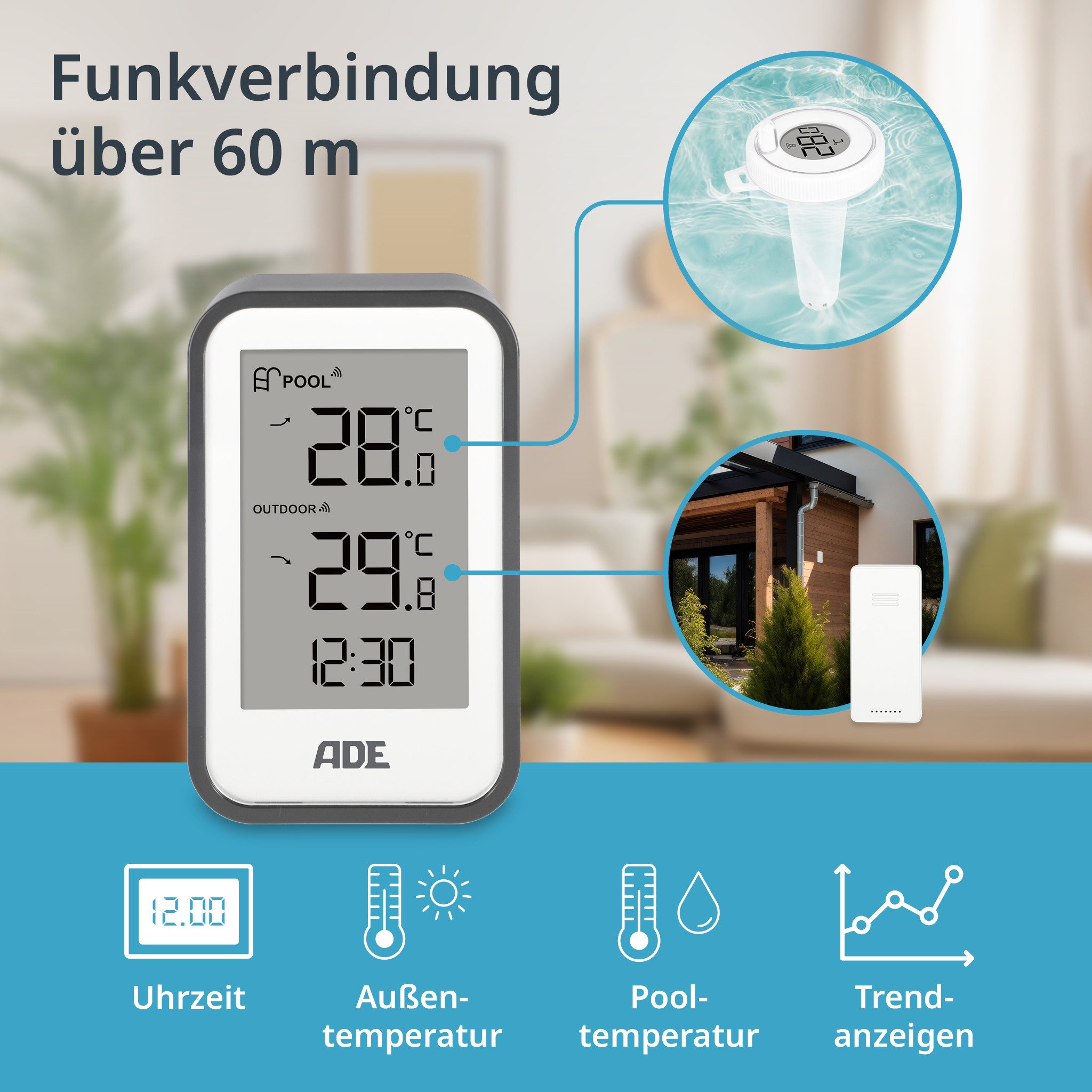 ADE Badethermometer Poolthermometer Funk mit Außensensor, wasserdicht nach IP67, -40 - 60° C, +/- 1° C präzise, 60 m Reichweite