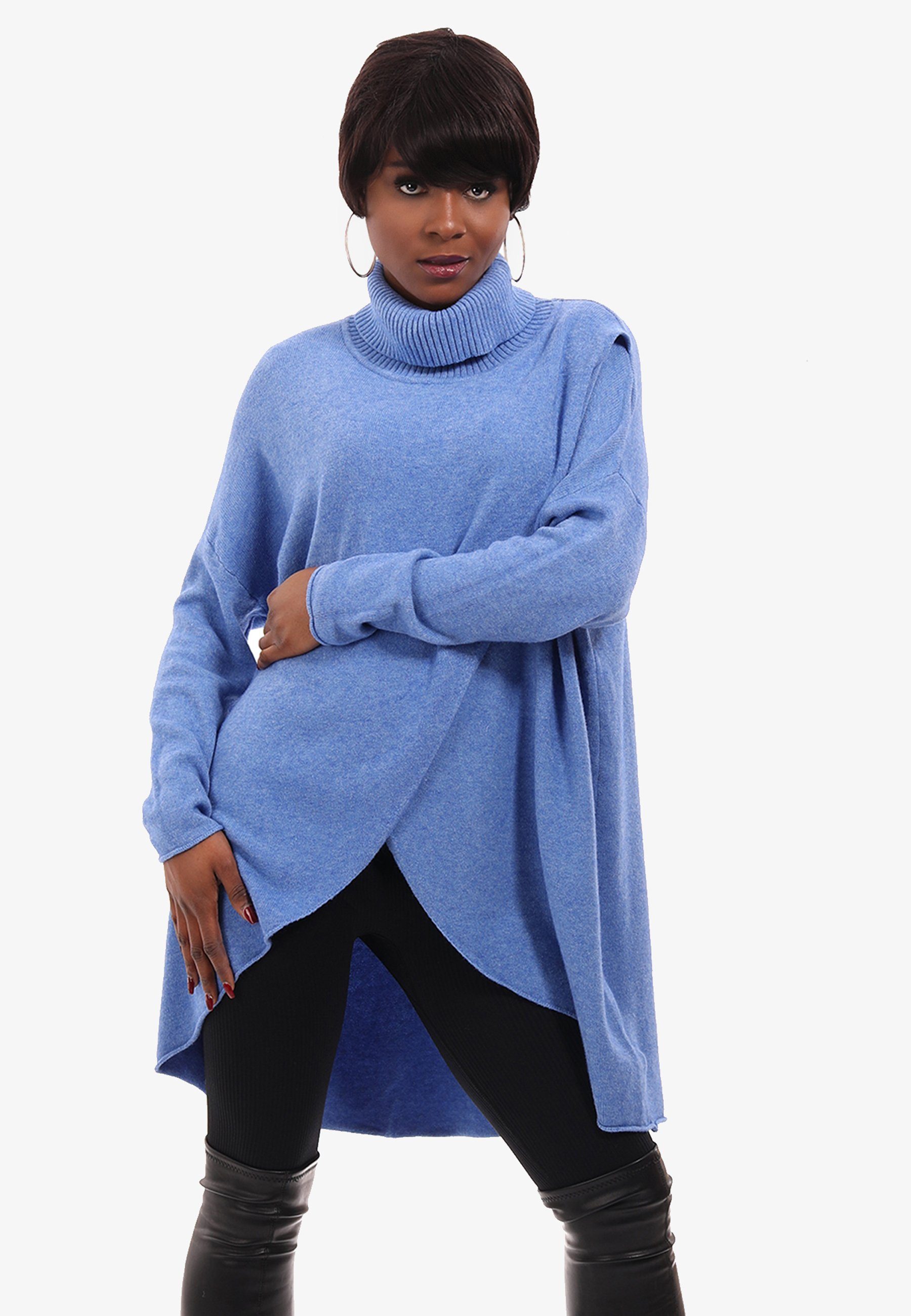 Wickeloptik Fashion Strickpullover Rollkragen Unifarbe YC in in & blau Longpullover Style mit