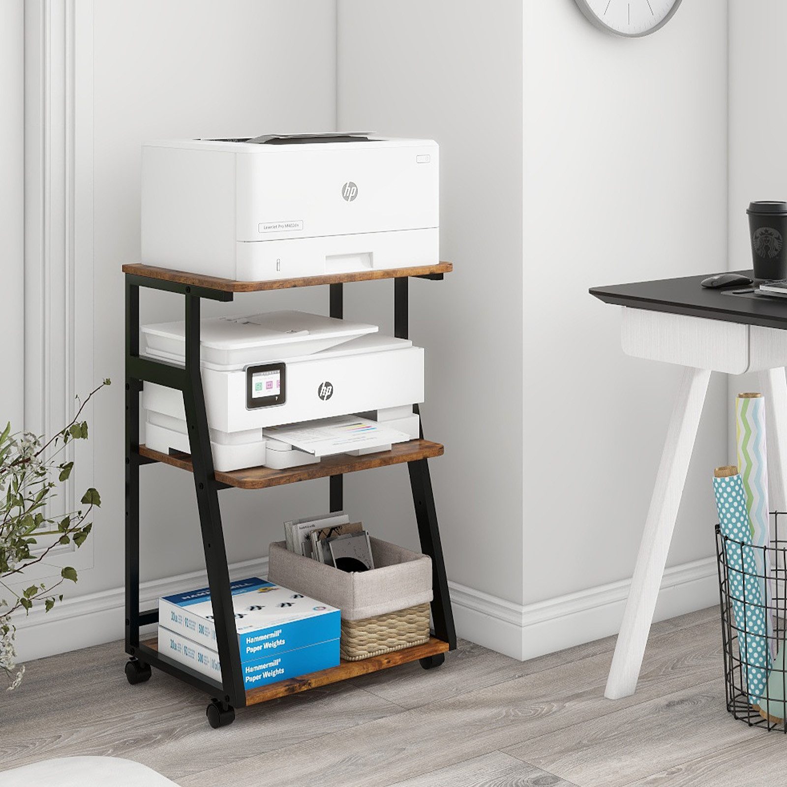 PUNCIA Druckertisch mit Rollen, 3 Ebenen, verstellbarer Fachboden, 50 x 40 x 75cm (1-St), Druckerständer aus Holz & Metall