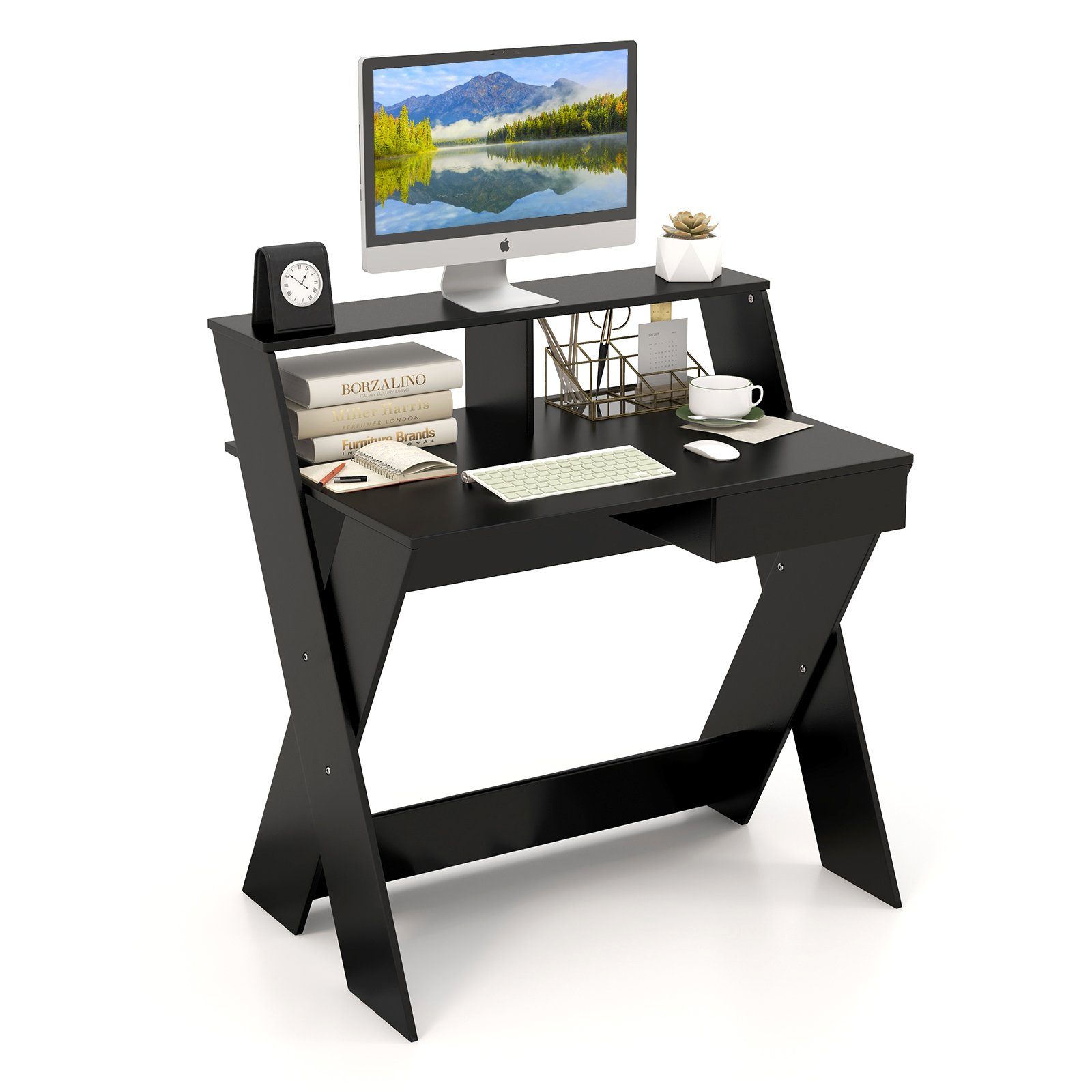 COSTWAY Computertisch, mit Schublade & Monitorerhöhung, Holz, 90x61x94cm Schwarz