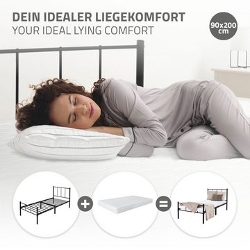 ML-DESIGN Metallbett Bett mit Kopfteil und Lattenrost robust auf Stahlrahmen, Gästebett 90x200 cm mit Kopfteil Schwarz leichte montage