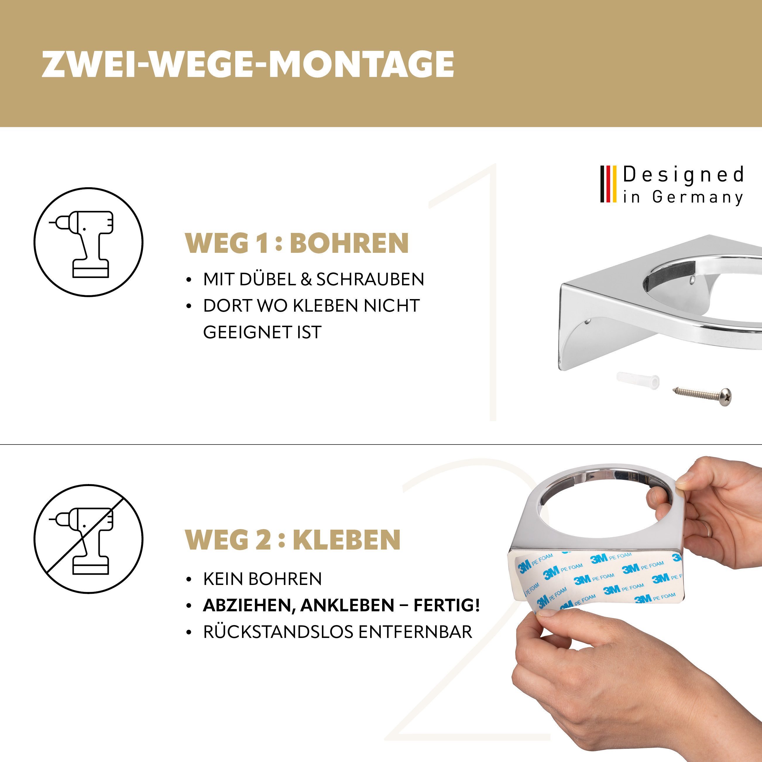 bremermann Wandhalterung Wandhalterung zum Kleben oder Bohren für SAVONA-WC-Bürste, verchromt, (1-tlg) – Bild 4 von 5