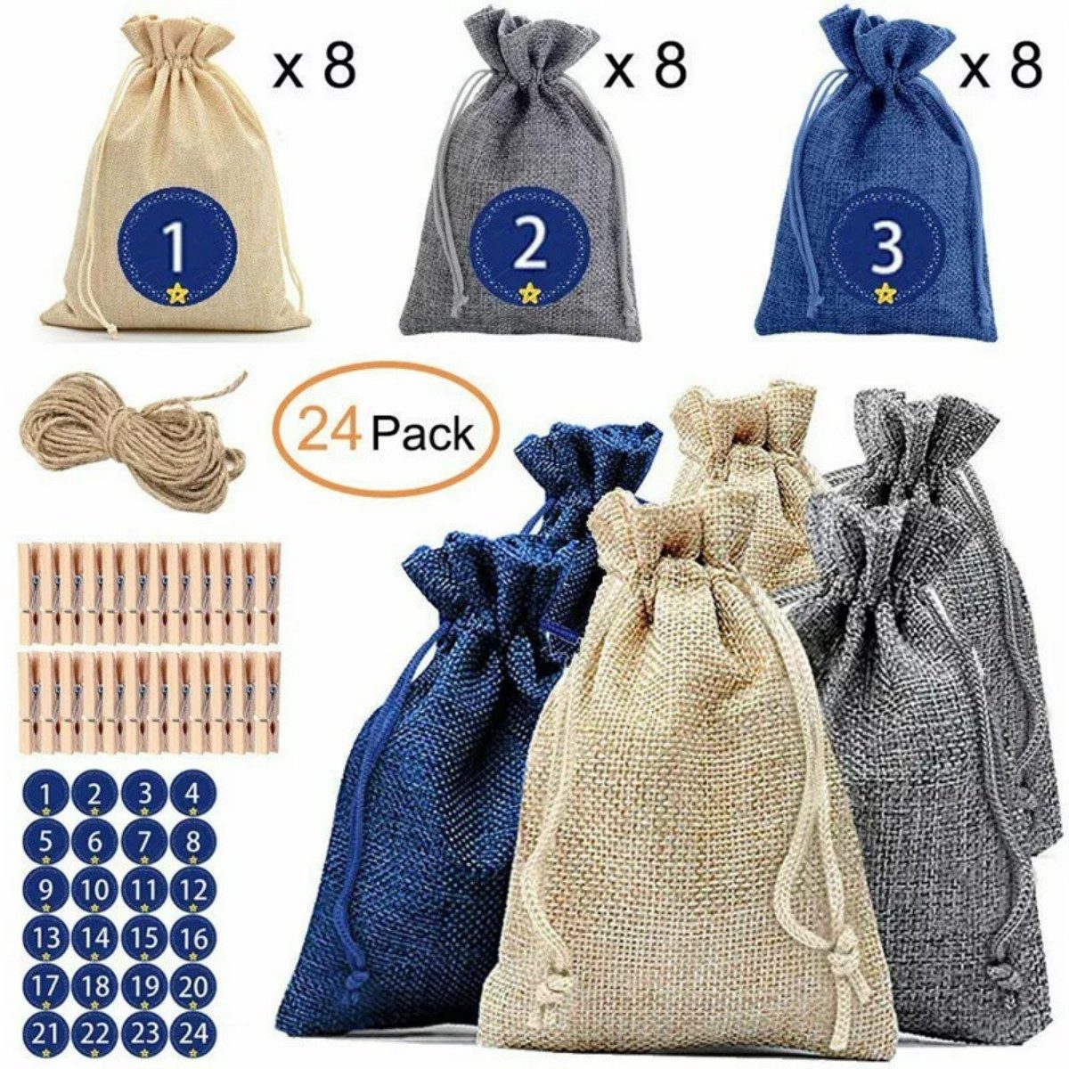 Refined Living befüllbarer Adventskalender DIY Adventskalender zum Befüllen, mit 24 Jutesäckchen,Zahlenaufklebern (24 hochwertige Jutesäckchen mit Zahlenstickern, Holzklammern & Hanfseil, wiederverwendbare Stoffbeutel 10x14 cm, Geschenksäckchen Weihnachten, Stoffbeutel Weihnachten, Weihnachtskalender zum Selbermachen, Geschenksäckchen,Adventskalender Säckchen für Weihnachten, Bastelset zum Befüllen mit kleinen Geschenken & Süßigkeiten, 24-tlg), Als Adventskalender, Geschenkverpackung oder festliche Deko