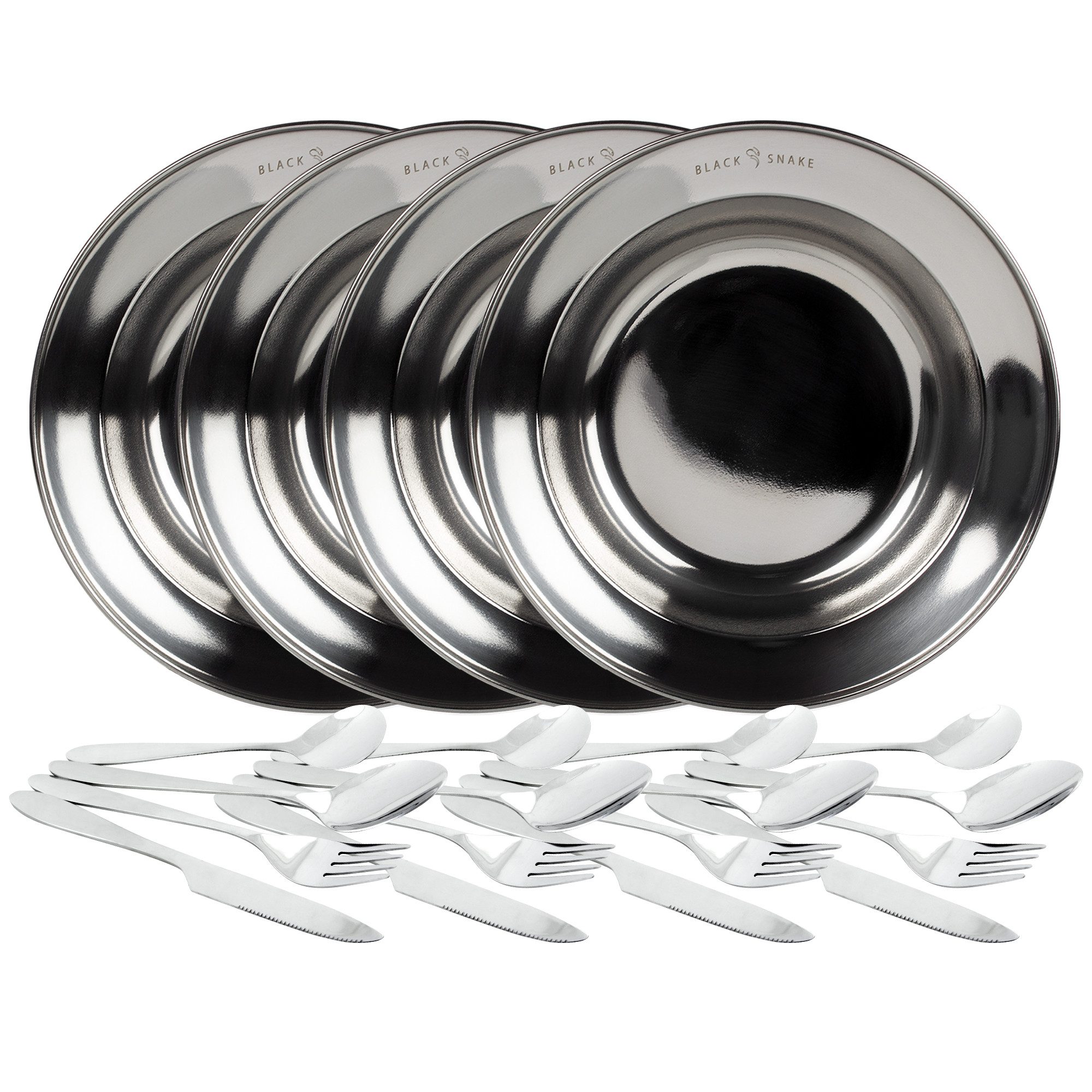 Black Snake Teller-Set Black Snake® tiefer Edelstahl Teller mit Lunch Besteck (8-tlg), 4 Personen, Edelstahl, Tiefer Edelstahlteller mit Lunch Besteck Set
