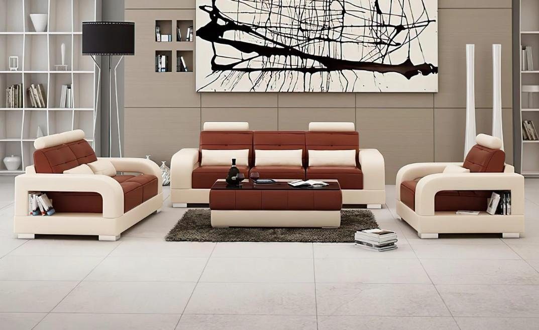 JVmoebel Sofa Moderne Ledersofa Couch Sofagarnitur 3+2+1 Design Sofa, Made in Europe Braun/Beige