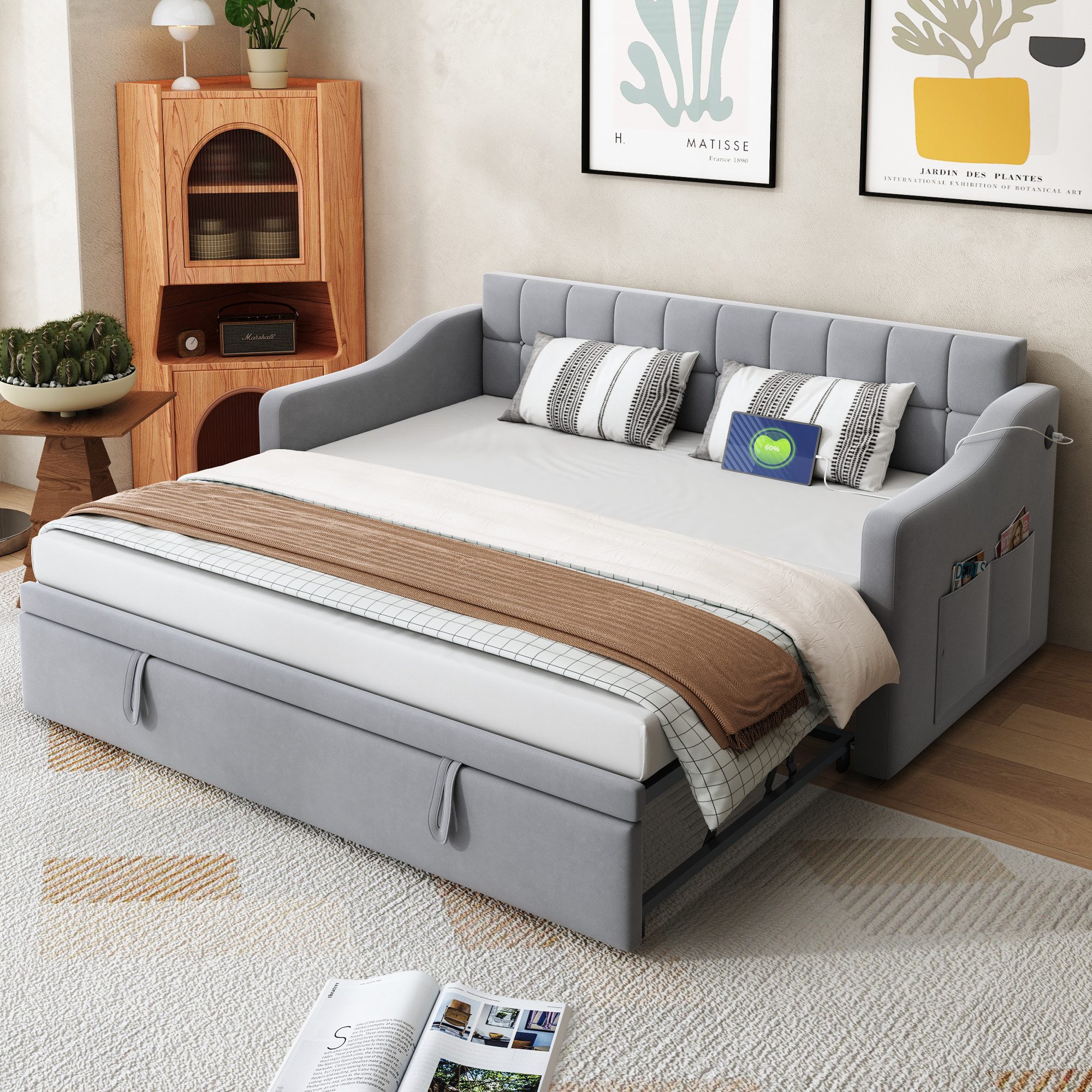Flieks Daybett, Polsterbett Schlafsofa 90/180x190cm mit Ausziehbett und Steckdose