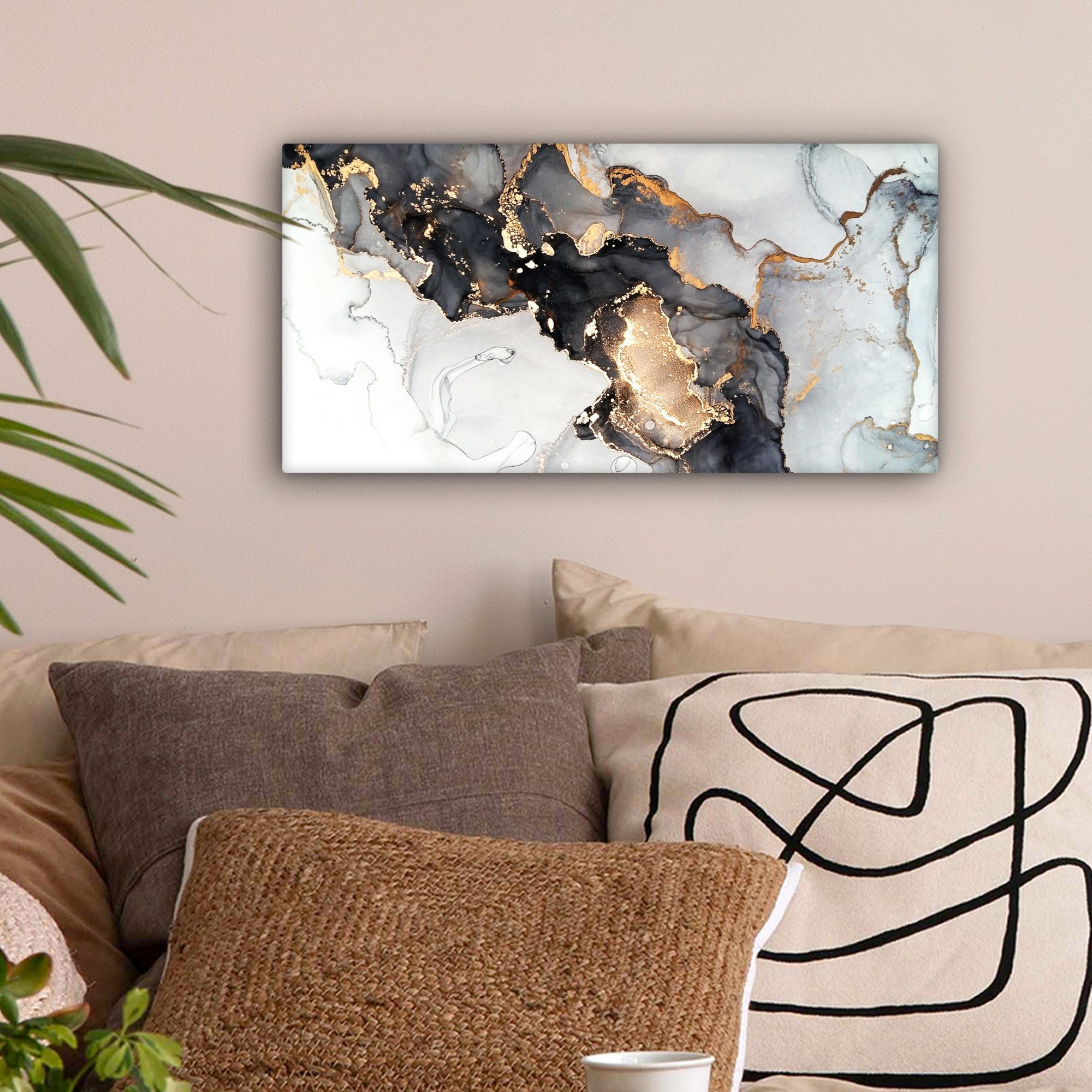 OneMillionCanvasses® Leinwandbild Panorama Marmor - Schwarz - Weiß - Gold - günstig online kaufen