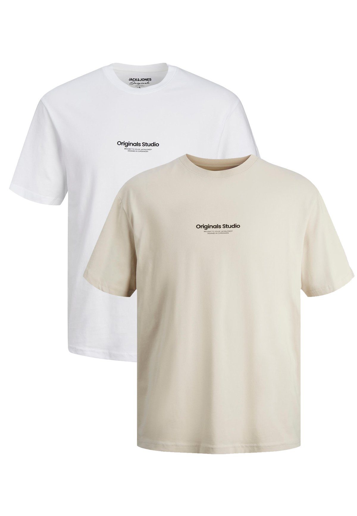 Jack & Jones T-Shirt Weiß-Beige 2-er JORVESTERBRO 6114 Logo Kurzarm (2-tlg) in Shirt Set T-Shirt