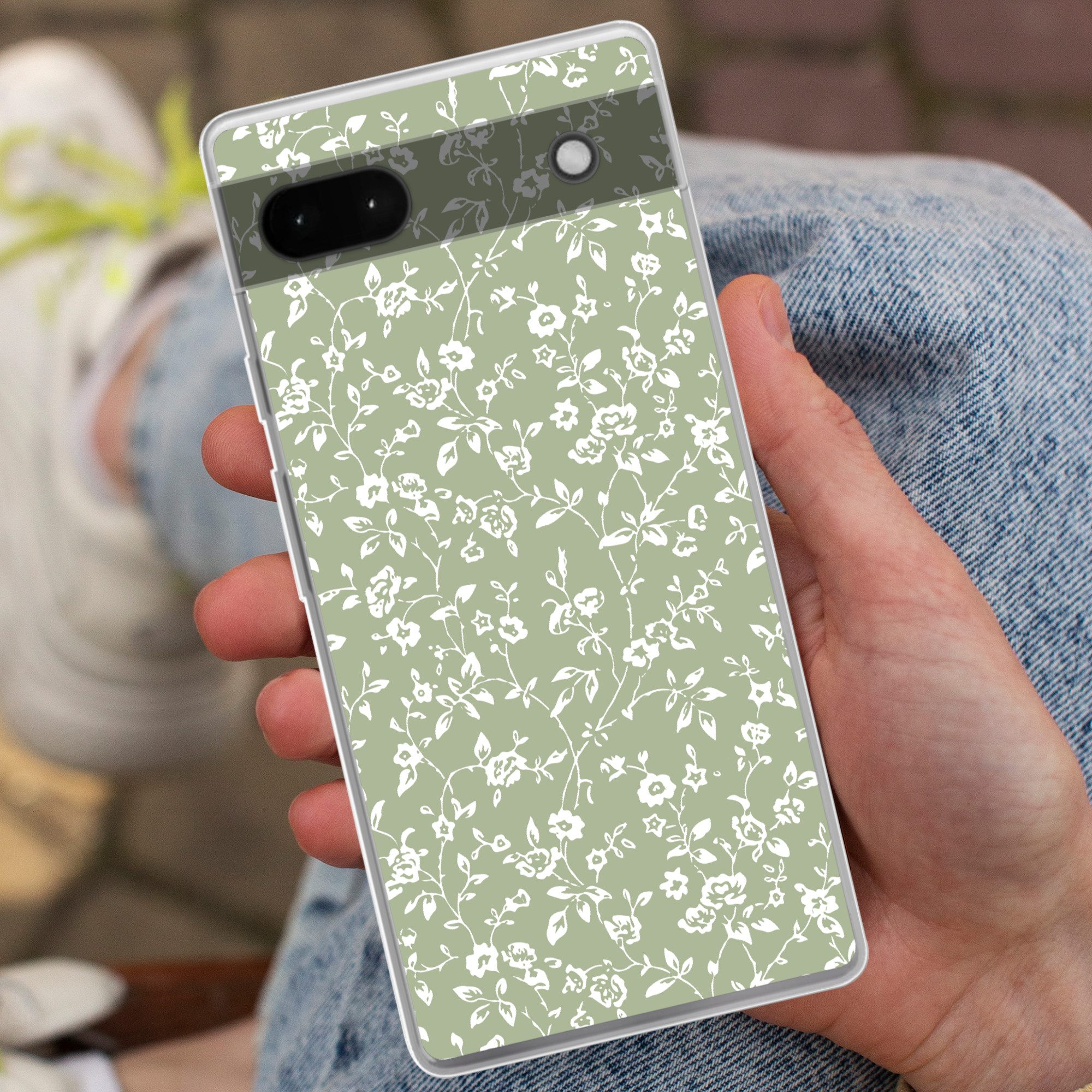 MuchoWow Handyhülle für Google Pixel 6a Blumen - Druck - Grün - Weiß, Phone Case, Silikon, Schutzhülle Dünn