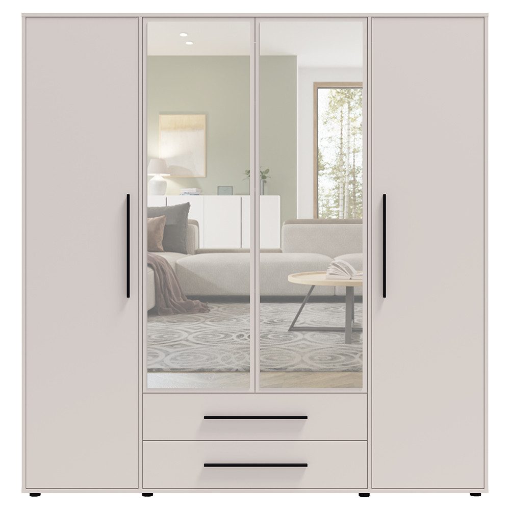 Lomadox Kleiderschrank MOLLERUSA-132 197,6 cm breit, kaschmir mit schwarzen Griffen, 4 Türen, 2 Schubladen