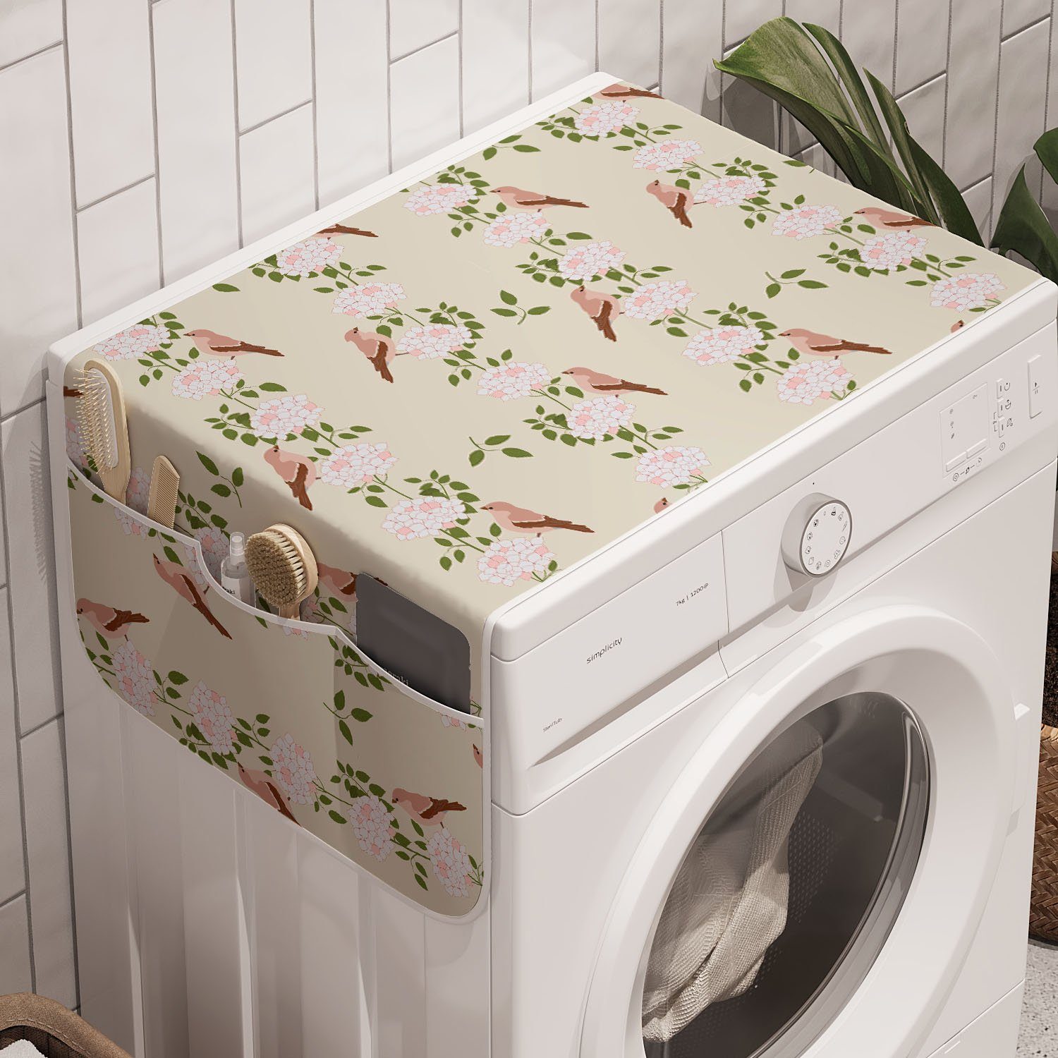 Hortensia Waschmaschine Botanisch für Anti-Rutsch-Stoffabdeckung Abakuhaus und Trockner, und Badorganizer Vogel-Streifen