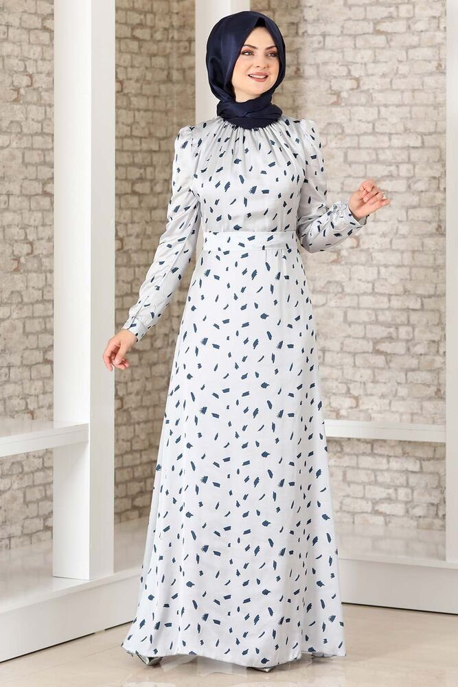 Abiye Satinkleid Modavitrini gemustertes Satin aus Abaya Grau Mode Kleid Hijab Abendleid