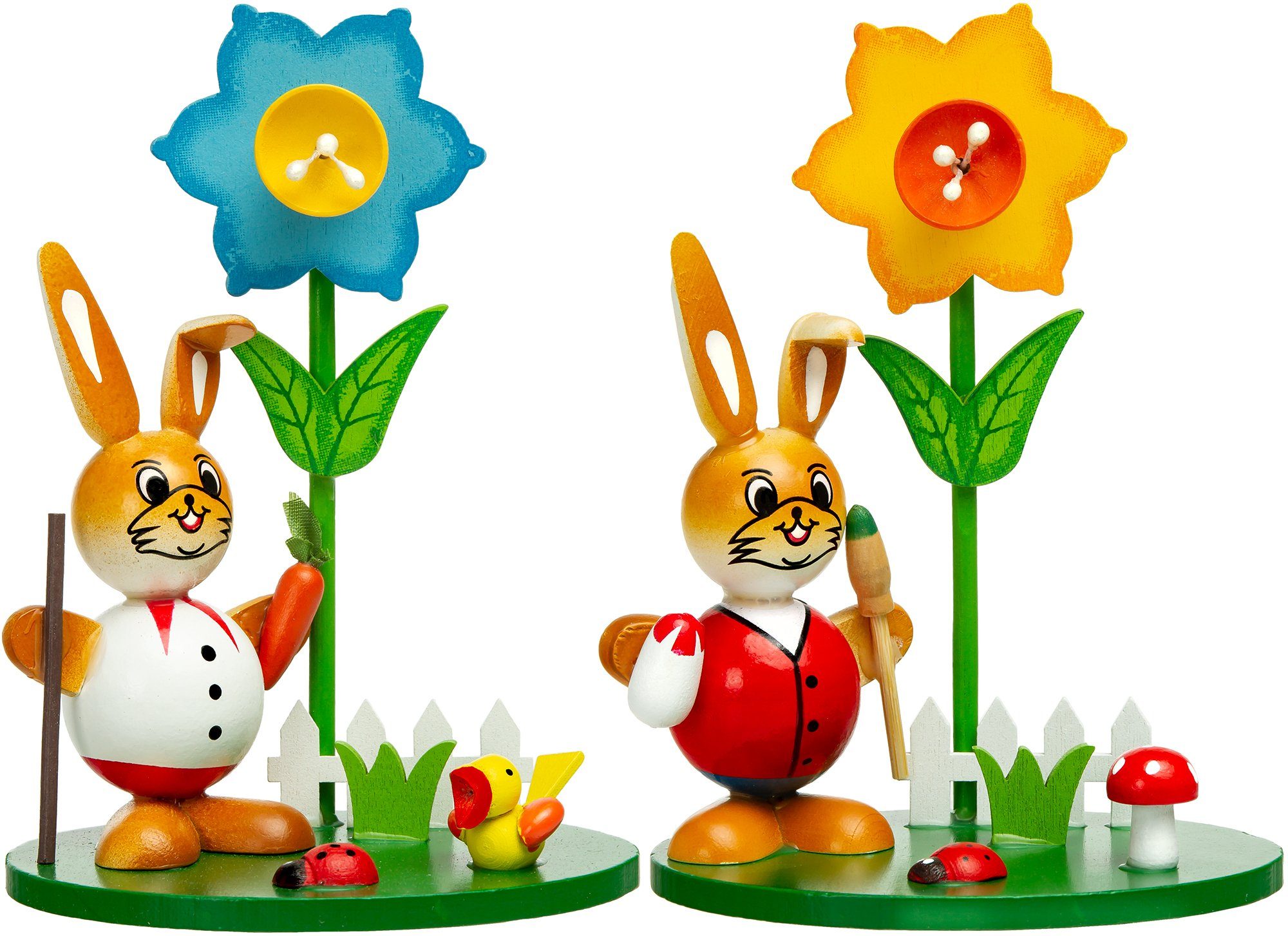 SIKORA Osterhase OD11 Holz Osterhasen Figuren im Ostergarten mit farbenfrohen Frühlings Blumen H: 13 cm Osterhasen 2er Set mit Osterglocken