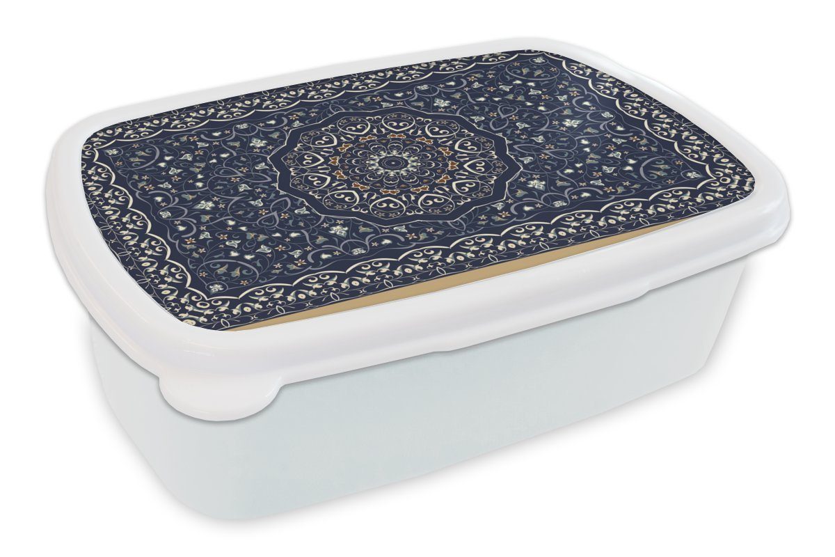 MuchoWow Lunchbox Persischer Teppich - Mandala - Teppich - Blau, Kunststoff, (2-tlg), Brotbox für Kinder und Erwachsene, Brotdose, für Jungs und Mädchen weiß