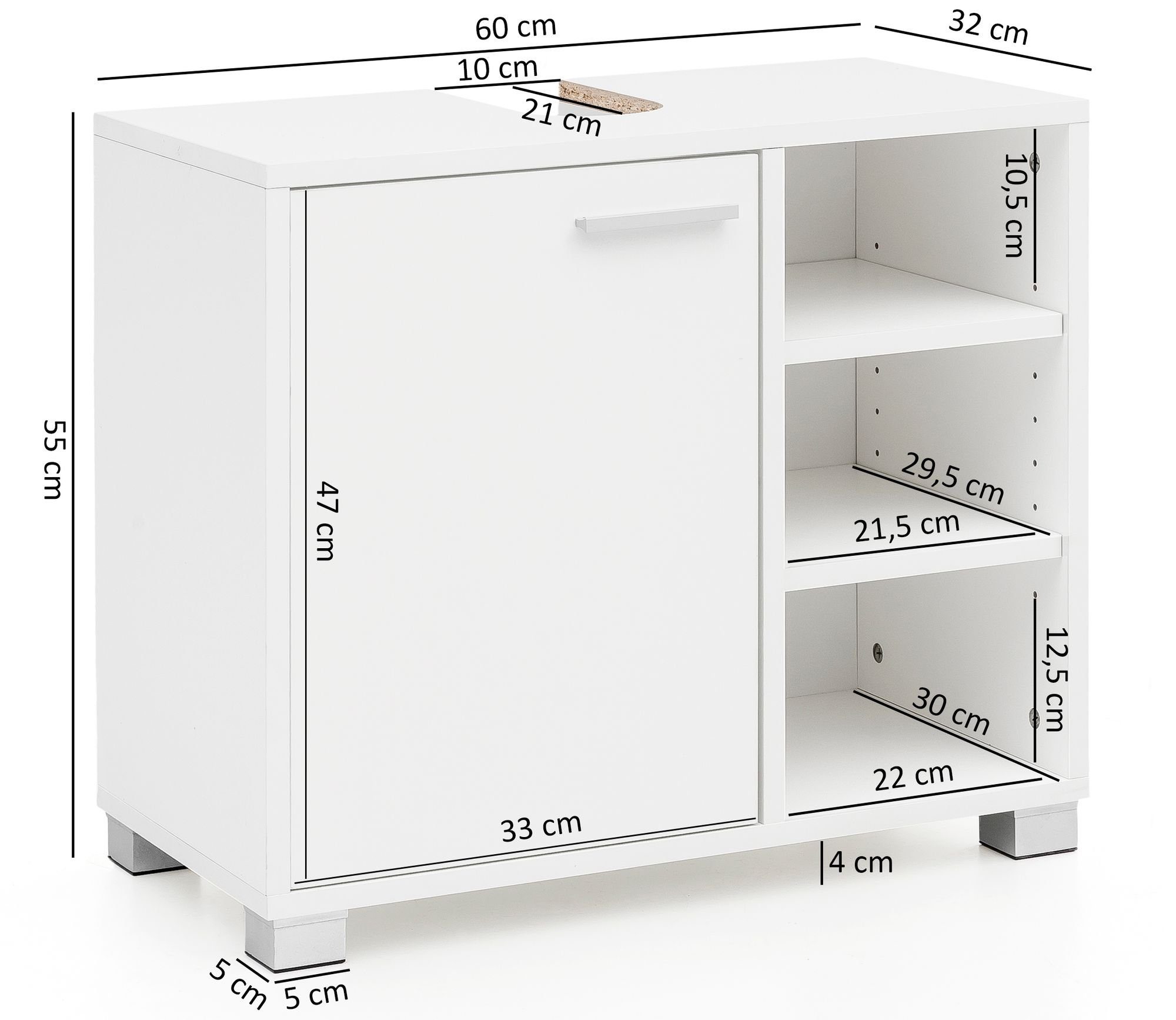 FINEBUY Waschbeckenunterschrank FB51390 (60x55x32cm Waschtischunterschrank Badmöbel Badschrank und Tür, mit Tür, Regal Weiß mit Unterschrank)