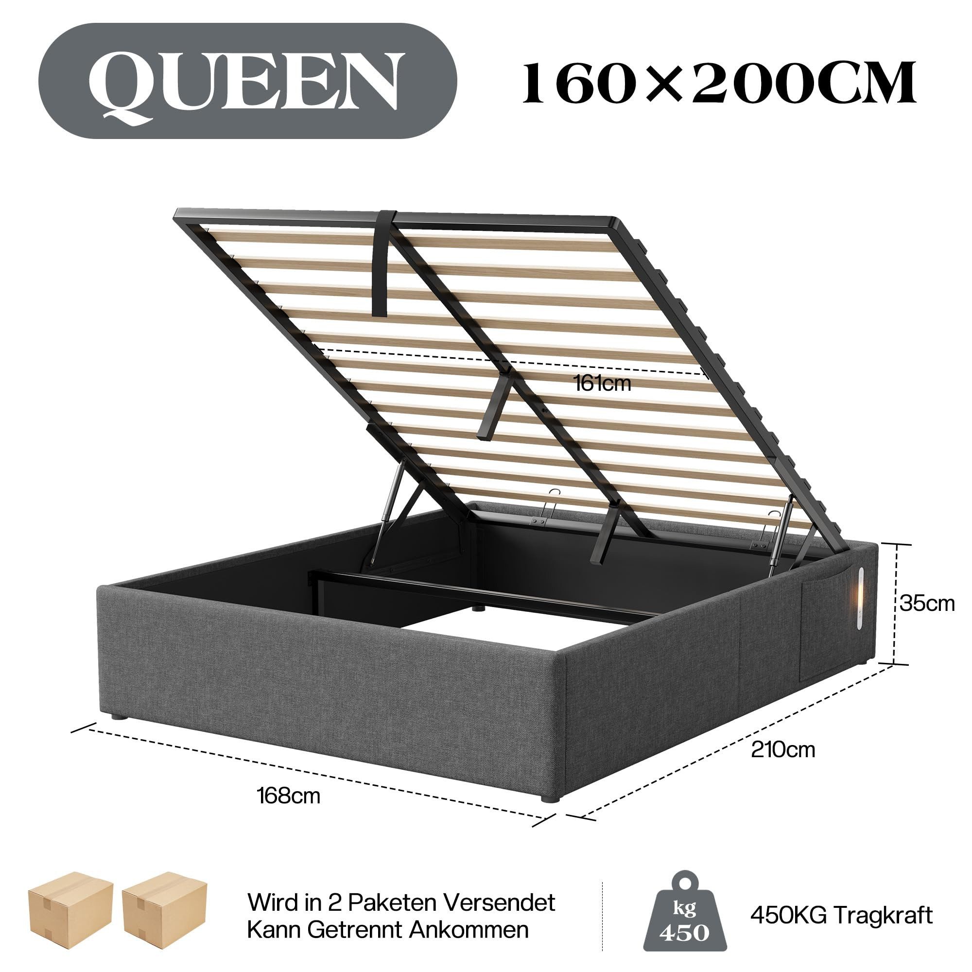 AMERLIFE Polsterbett mit hydraulischem Stauraum, LED und USB, Jugendbett ohne Kopfteil (Ohne Matratze), Stauraumbett, Doppelbett 160 x 200 cm – Bild 2 von 5