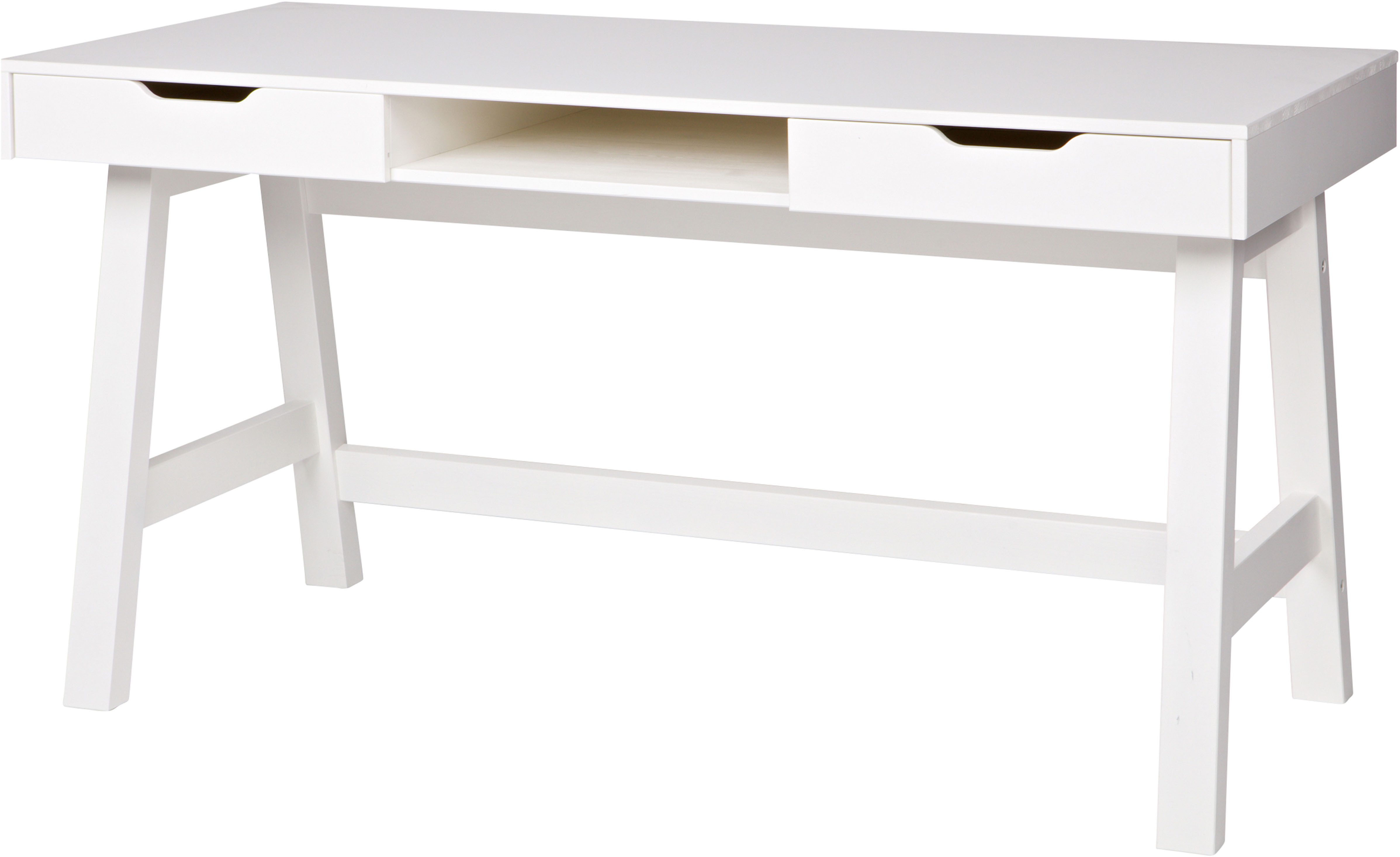 WOOOD Schreibtisch Nikki aus Kiefernholz lackiert, zwei Schubladen 140x62x75 cm, Schubladen mit Metallführung, offenes Mittelfach, gebürstet Oberfläche