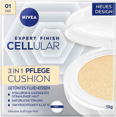 Nivea Foundation Expert Finish Cellular 3in1 Pflege Cushion Fluid Schwamm, mit Hyaluron, Kollagen-Booster, feuchtigkeitsspendende Foundation, - 01 Hell