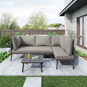 Sweiko Gartenlounge-Set L-förmiges Gartenmöbel-Set, (Lounge-Set aus Seil mit Sitzkissen, 2 Sofas und 1 Tisch, verstellbaren Füßen), Grau