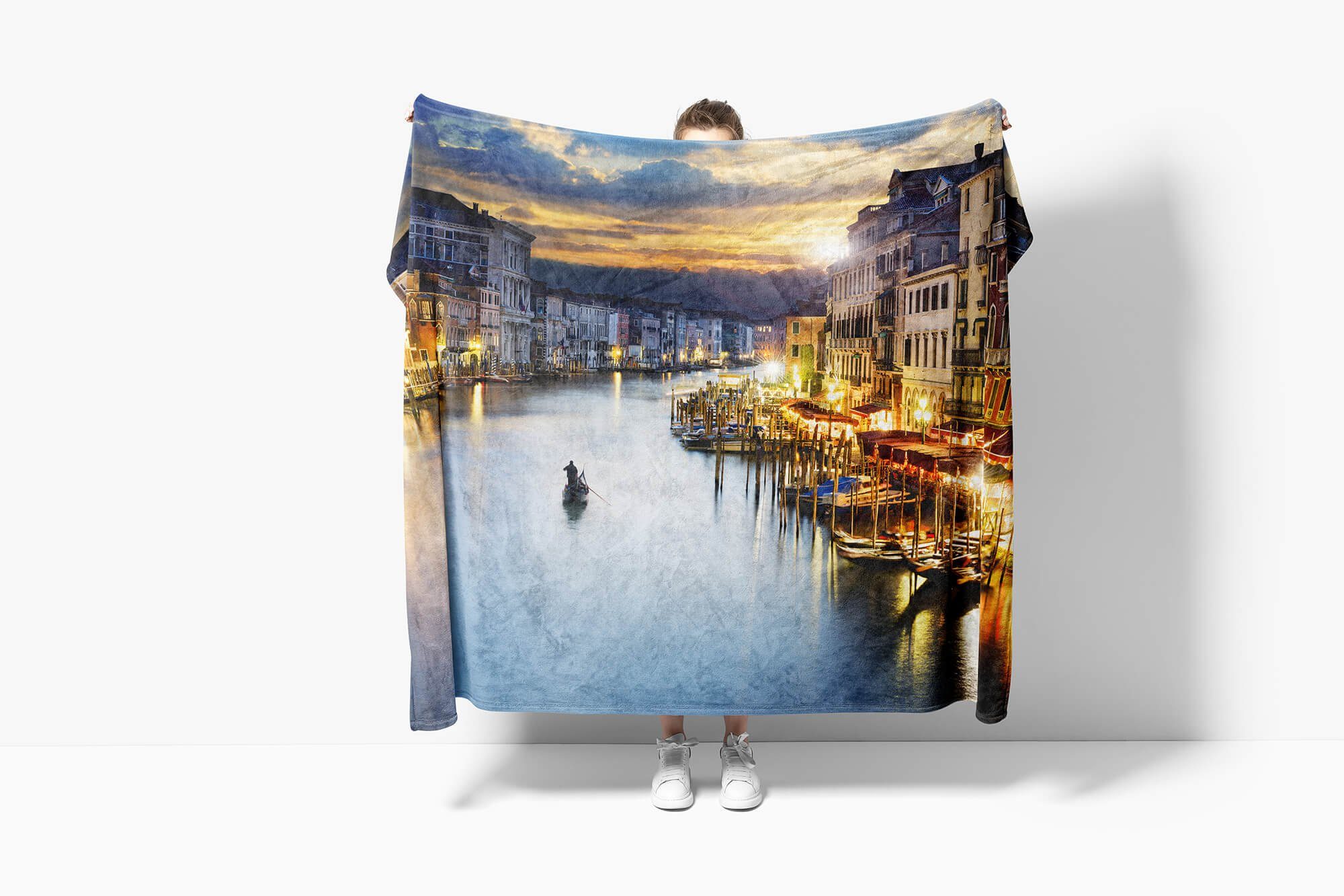 Fotomotiv Sinus Strandhandtuch Kuscheldecke (1-St), Handtuch Handtücher Saunatuch Venedig mit Art Sonnenunte, Handtuch Baumwolle-Polyester-Mix