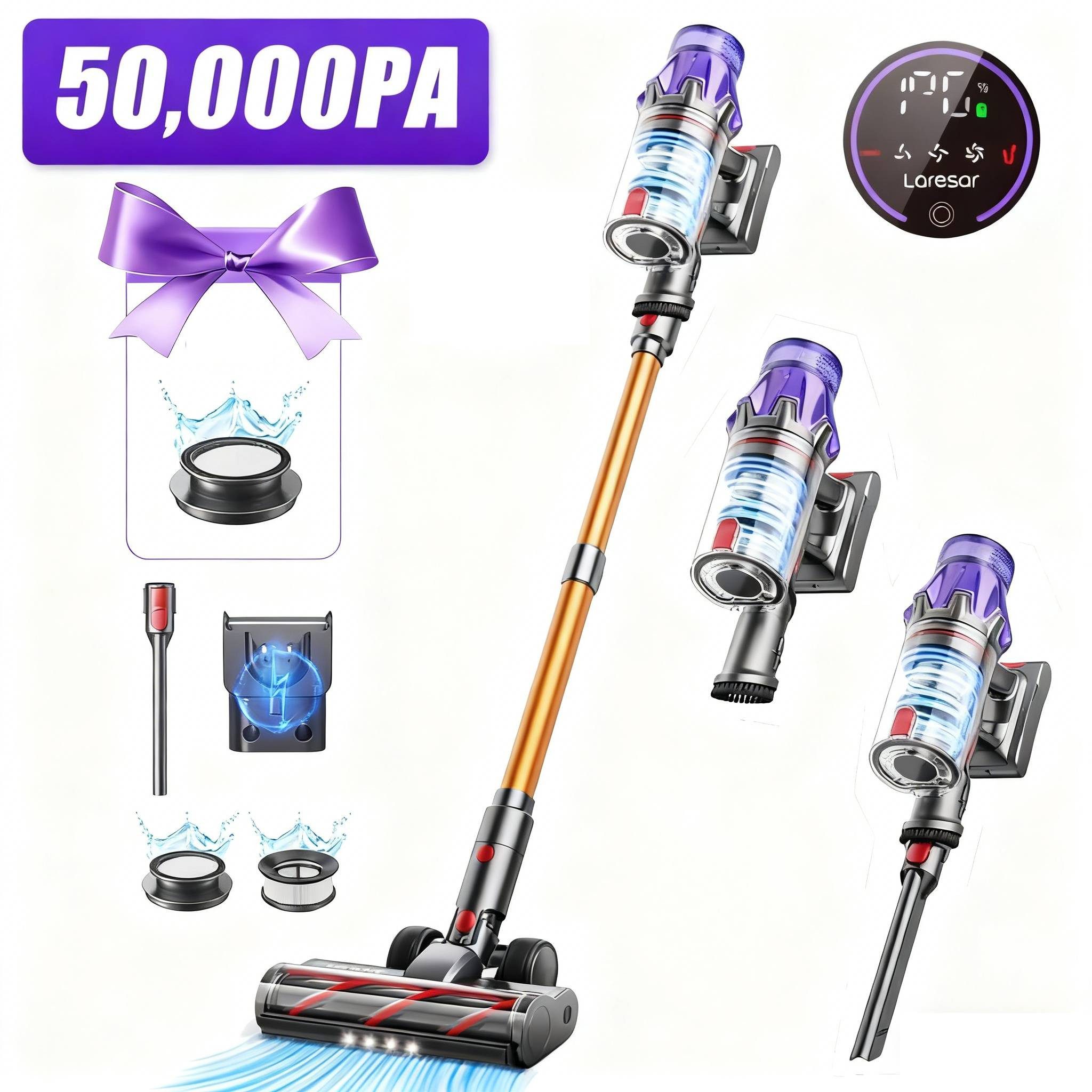 Laresar Akku-Bodenstaubsauger V7 Akku Пылесосы, Akkustaubsauger,50 kPa,60 Minuten Laufzeit, 500 W, beutellos, LED-Touchscreen, für Hartböden Teppiche Tierhaare