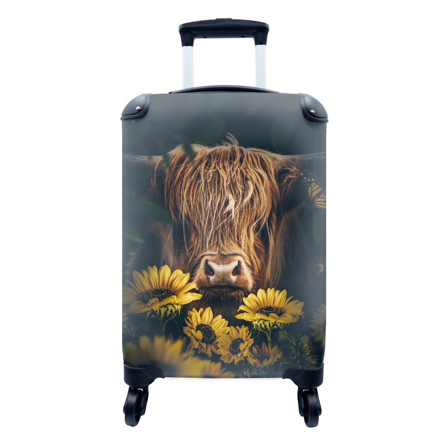 Highlander MuchoWow Trolley, 4 Kuh - Botanisch Handgepäckkoffer - Tiere, Rollen, - Schottische für Reisetasche Ferien, rollen, Handgepäck Blumen Reisekoffer - mit