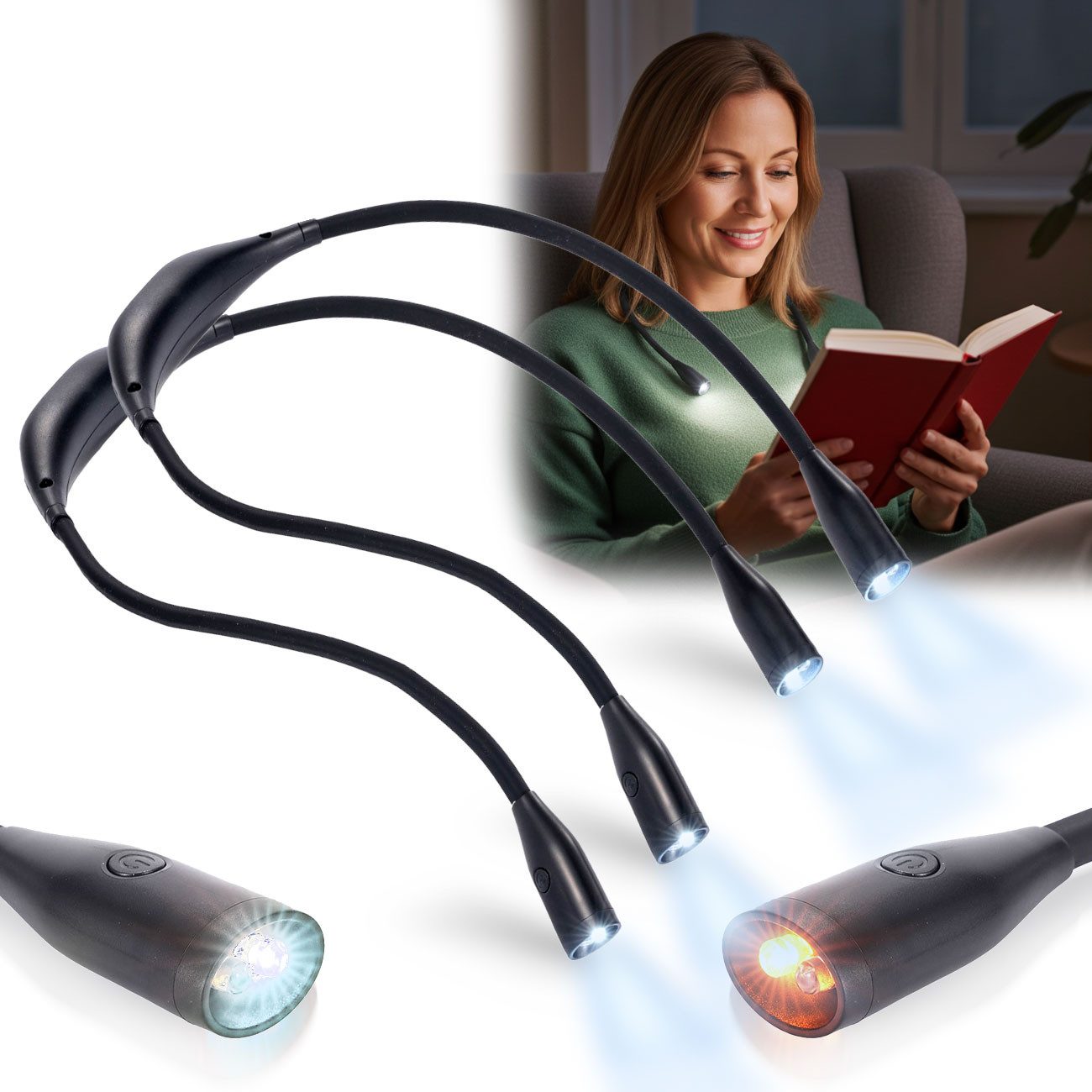 shop'n smile ideoon LED Leselampe LED Leseleuchte zum Umhängen Akku Leselampe 2W dimmbar 3 Farben, LED fest integriert, Wiederaufladbar/flexibler Schwanenhals/6 St. Leuchtdauer