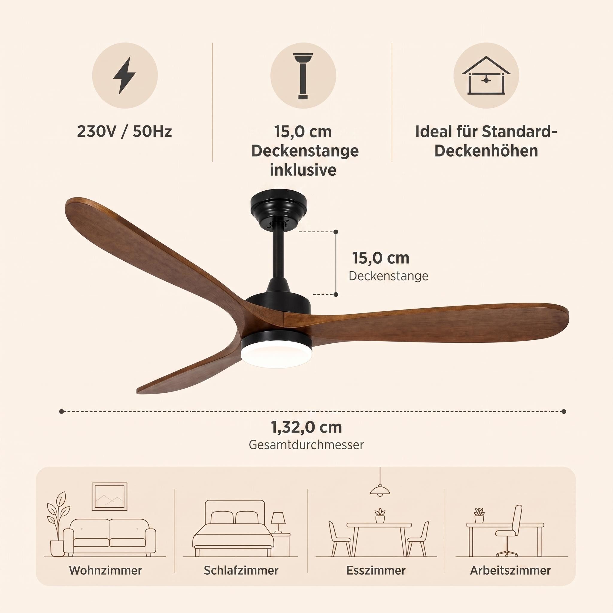 GarveeMore Deckenventilator mit LED Licht & Fernbedienung & 3 Flügel für Indoor, leise, Holzoptik, 132 cm, DC Motor, 6 Geschwindigkeiten, 3 Lichtfarben, dimmbar – Bild 3 von 5