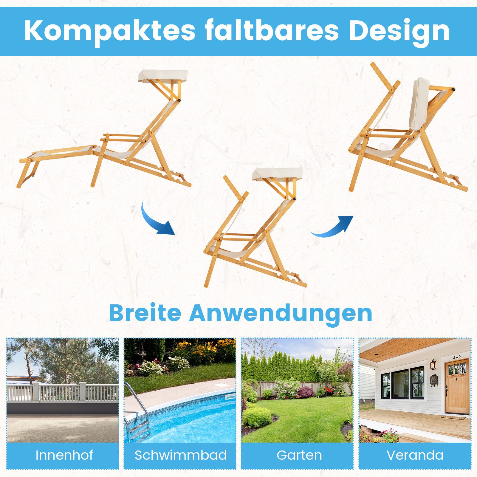 COSTWAY Gartenliege, 1 St., Sonnenliege mit Dach, aus Holz, verstellbar